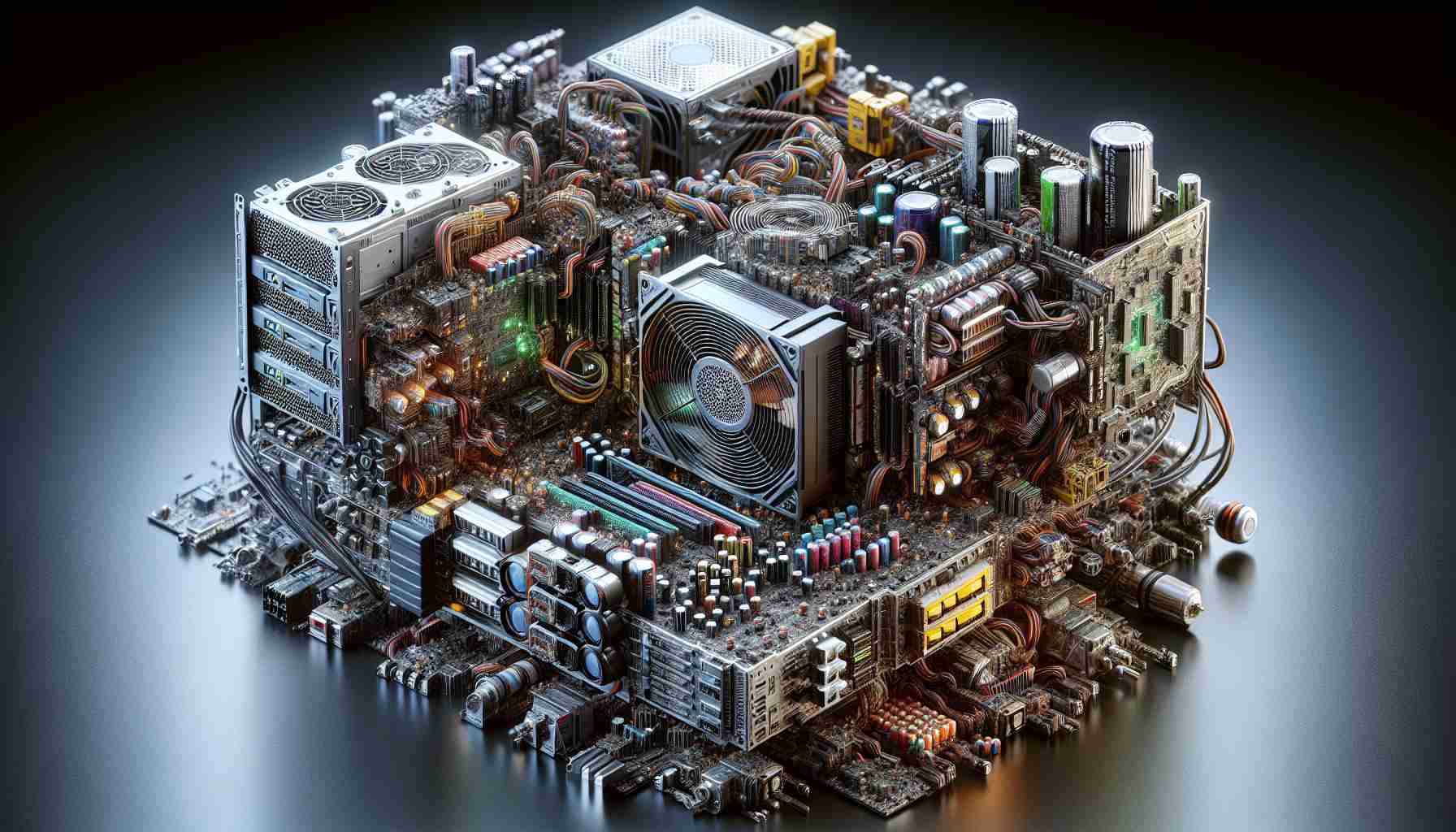 A highly detailed and realistic image of what the future of power supplies in PCs might look like. The focus of the image is on the concept that integrating an Uninterruptible Power Supply (UPS) within the PC itself is seen as improbable. Capture the complexities and intricacies of the computer components, highlighting advancements yet indicating the difficulties in incorporating an Integrated UPS system into a computer's structure. Show the power supply unit, capacitors, transformers, circuit boards, and other relevant components in a modern PC design.