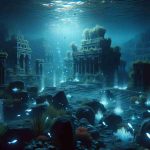 Generate a high-definition, realistic digital representation of an ancient underwater world being revealed through exploration. The scene should capture the mysterious beauty of the ocean depths, with sunken ruins of civilizations long forgotten. The structures are intricately designed, displaying cultural motifs from a time before, and are mostly covered in marine flora and fauna. As proof of its ancientness, distinct marine creatures swimming around these ruins in a tranquil manner. Bioluminescent marine life adds a soft, eerie glow to the scene, illuminating its details with a fantastical touch.