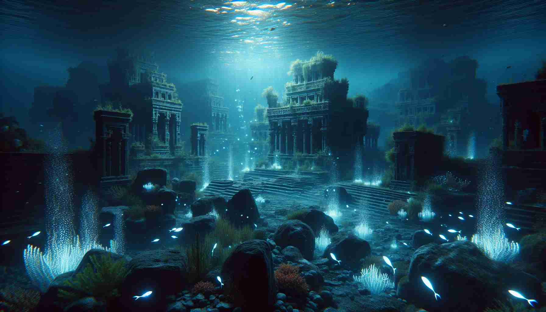 Generate a high-definition, realistic digital representation of an ancient underwater world being revealed through exploration. The scene should capture the mysterious beauty of the ocean depths, with sunken ruins of civilizations long forgotten. The structures are intricately designed, displaying cultural motifs from a time before, and are mostly covered in marine flora and fauna. As proof of its ancientness, distinct marine creatures swimming around these ruins in a tranquil manner. Bioluminescent marine life adds a soft, eerie glow to the scene, illuminating its details with a fantastical touch.