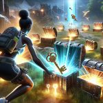 A highly detailed and realistic image showing a player participating in a thrilling battle royale game. The player, an athletic Black woman, is seen unlocking various rewards throughout the course of the game. These rewards are represented as glowing keys opening various treasure chests, each radiating with brilliant light. The environment resembles a typical battle royale landscape, filled with lush greenery, abandoned structures, and ever-shrinking safe zones. The scene should be imbued with an air of excitement and anticipation as these fantastic rewards get opened one by one.
