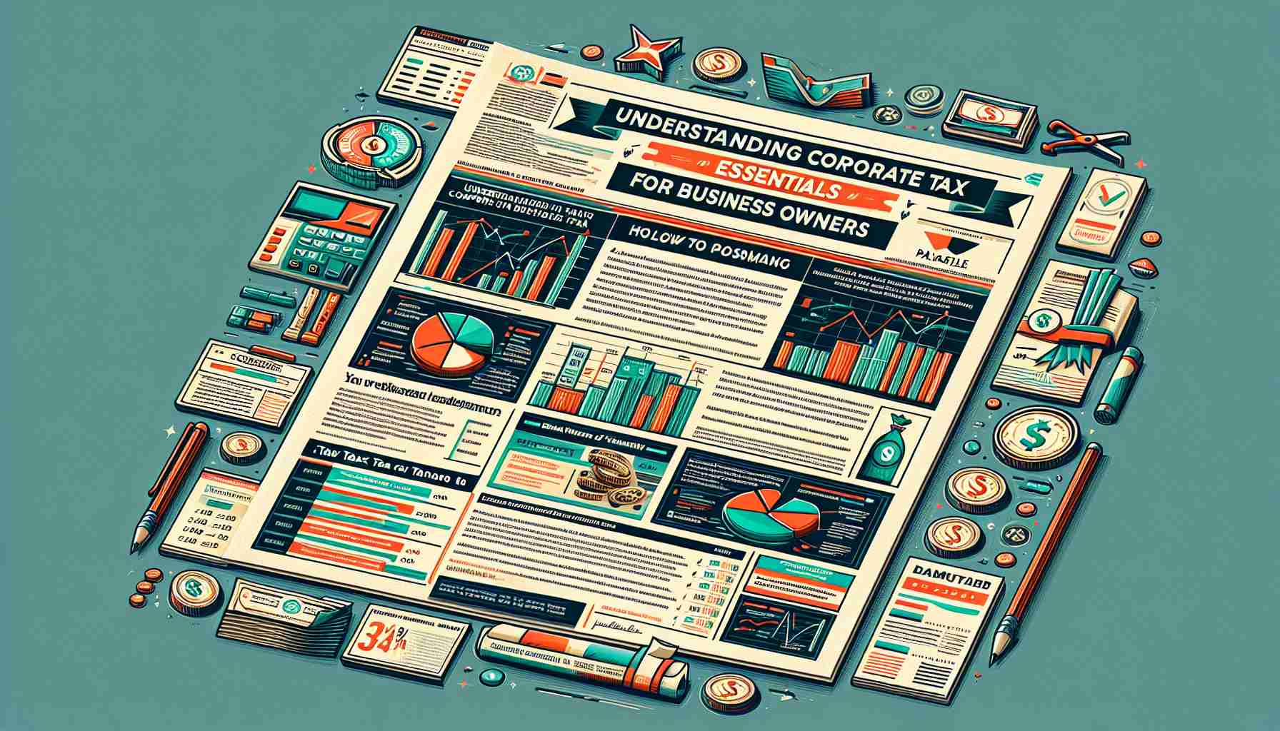 Detailed and accurate high-definition illustration of a document titled 'Understanding Corporate Tax in Palestine: Essentials for Business Owners'. The document should look professional, perhaps featuring text, data charts, graphs, and sections dedicated to different tax information relevant for business owners. Include related imagery like corporate buildings, currency, or calculators to contextually represent the topic.