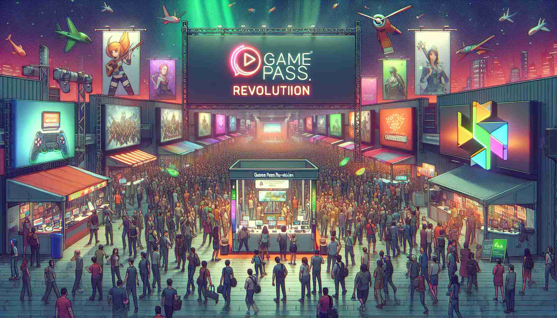 Generate a detailed depiction of a revolutionary event related to games. Imagine a festive gaming convention where enthusiasts from around the world have gathered. Displaying booth showcasing the latest game titles, attractive membership offers, and exclusive gaming deals. Throngs of people are around and they are excited for this event. The atmosphere is vibrant and joyful with creative posters, banners and digital screens displaying the words 'Game Pass Revolution'. Emphasize the feeling of radical change in how games are accessed and played, transforming the gaming industry.