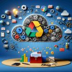 Create a realistic HD image that symbolizes maximizing the benefits of Google Drive through innovative strategies. Picture this as an abstract concept, such as a giant cloud with symbolic icons representing files and documents being organized efficiently into folders. The cloud could be surrounded by conceptual images representing innovative strategies such as gears, light bulbs, and the sign of infinity.