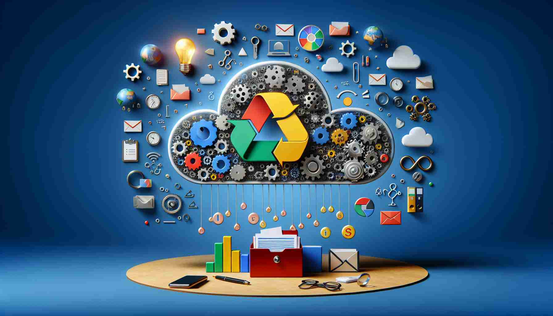 Create a realistic HD image that symbolizes maximizing the benefits of Google Drive through innovative strategies. Picture this as an abstract concept, such as a giant cloud with symbolic icons representing files and documents being organized efficiently into folders. The cloud could be surrounded by conceptual images representing innovative strategies such as gears, light bulbs, and the sign of infinity.