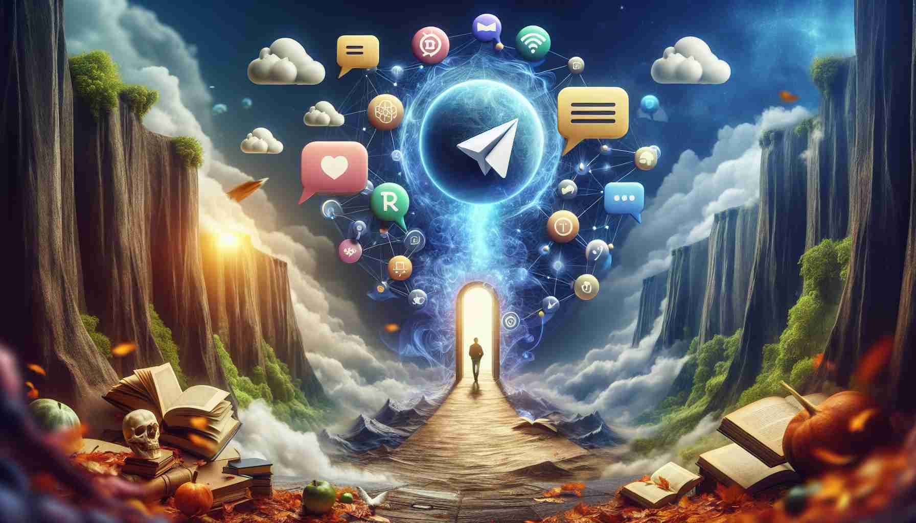 Create a high-definition, hyper-realistic image that depicts navigating through a new and innovative dimension of digital reading. This realm is symbolized by various Telegram channels, shown as fantastical digital pathways or doorways leading to different landscapes of knowledge, with visual hints such as book icons, sharing symbols and chat bubbles.