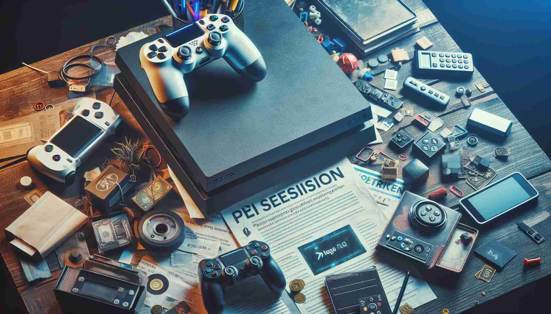 Create an image portraying a scene that symbolizes a major gaming company facing criticism for hiking the price of their popular gaming subscription service. Include a distinctly designed game console and interactable objects like gaming controllers and digital gaming cards on a cluttered desk. The overall ambiance should reflect a sense of disappointment. Avoid using any logos or company names.
