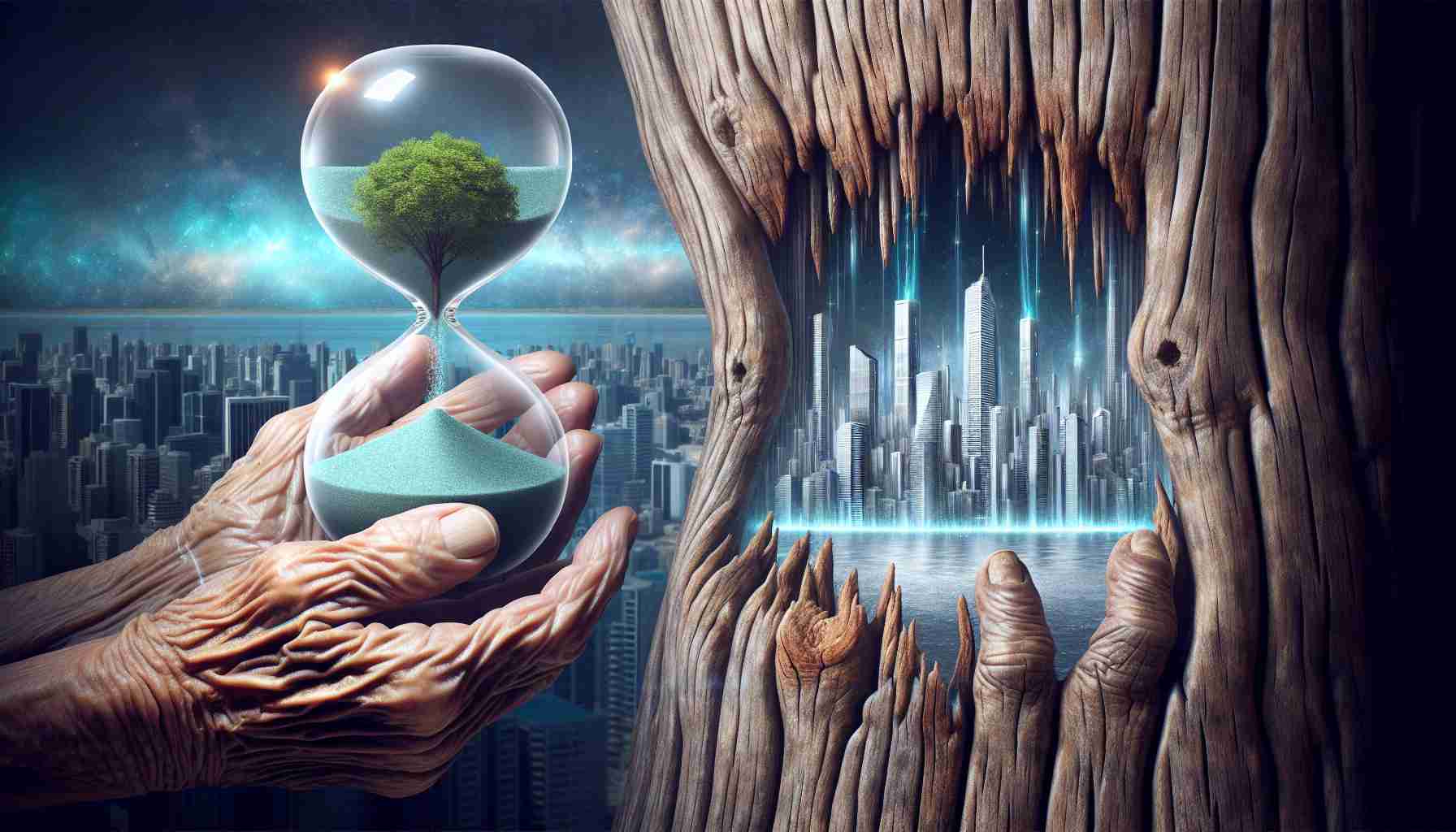 Create a detailed and realistic high-definition image that encapsulates the concept of 'Redefining Longevity: A Vision Beyond Centuries'. It should portray wrinkle-free tree bark showcasing its age and resilience, a never-ending hourglass whose sand represents countless generations, and in the background, a high-tech city representing the future, to represent advances in science and technology.