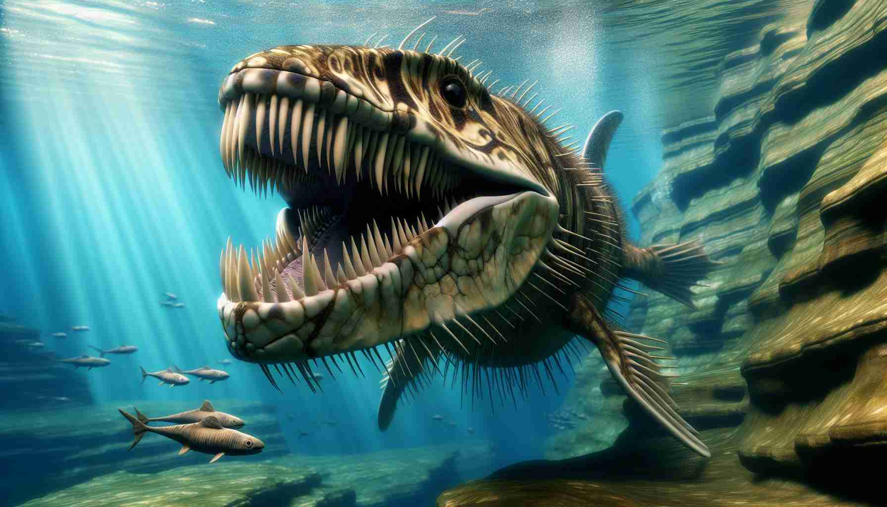 A high-definition, realistic image of a unique prehistoric sea creature. This aquatic animal from ancient times should have one striking characteristic: crushing teeth. On closer inspection, these teeth are built for crushing, suggesting a diet based on hard-shelled prey. The sea creature should be swimming in its natural habitat, surrounded by evidence of the era it originates from - signs of the prehistoric world like primitive marine plants and aquatic life forms.