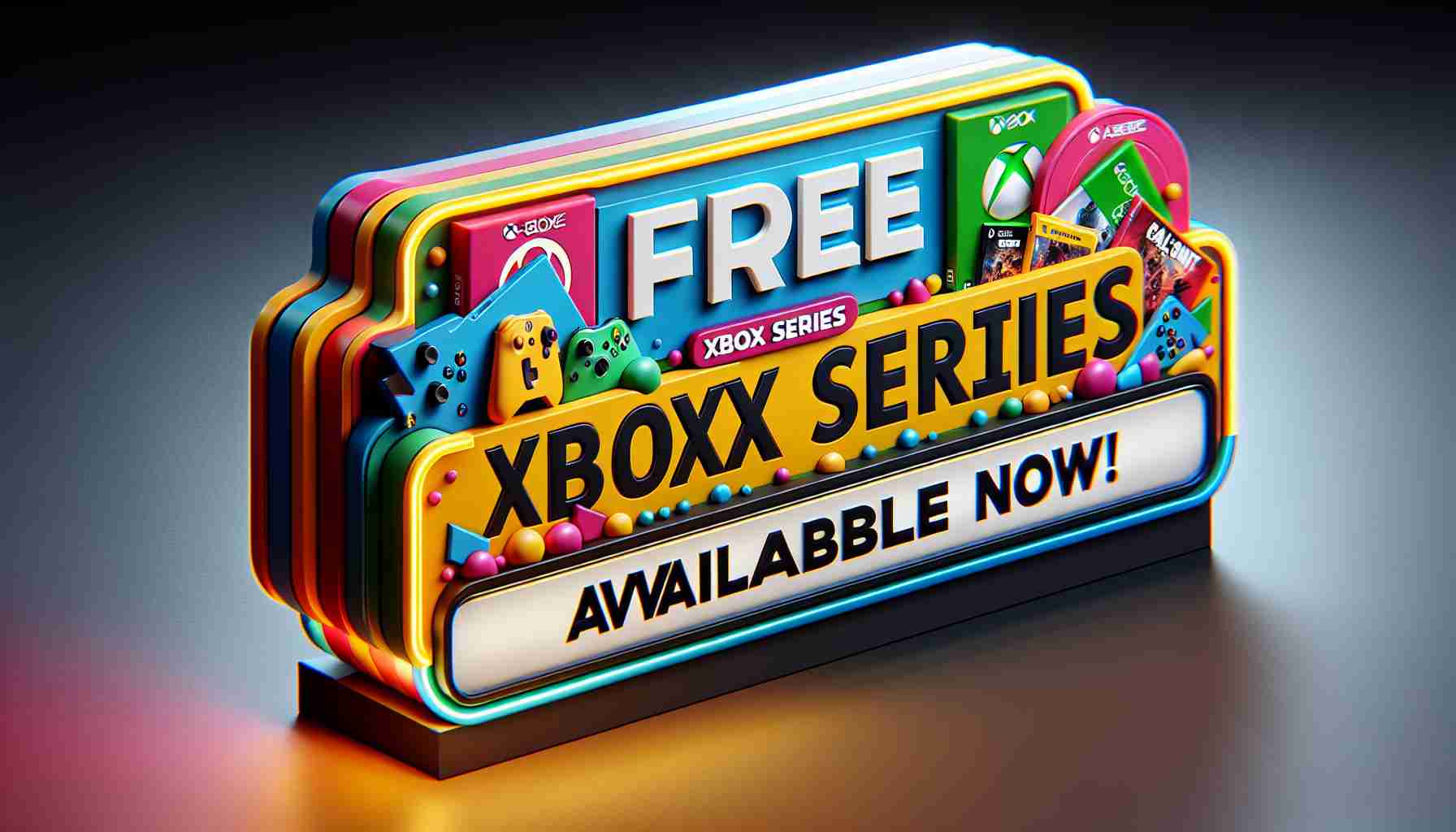 Render a realistic, high-definition image of a special offer banner or sign with the text, 'Free Xbox Series Content Available Now!'. The banner should be colorful and inviting, suggesting a promotional offer on a video game console's content. Use vibrant colours and engaging visual cues to represent the excitement associated with a free content offer.