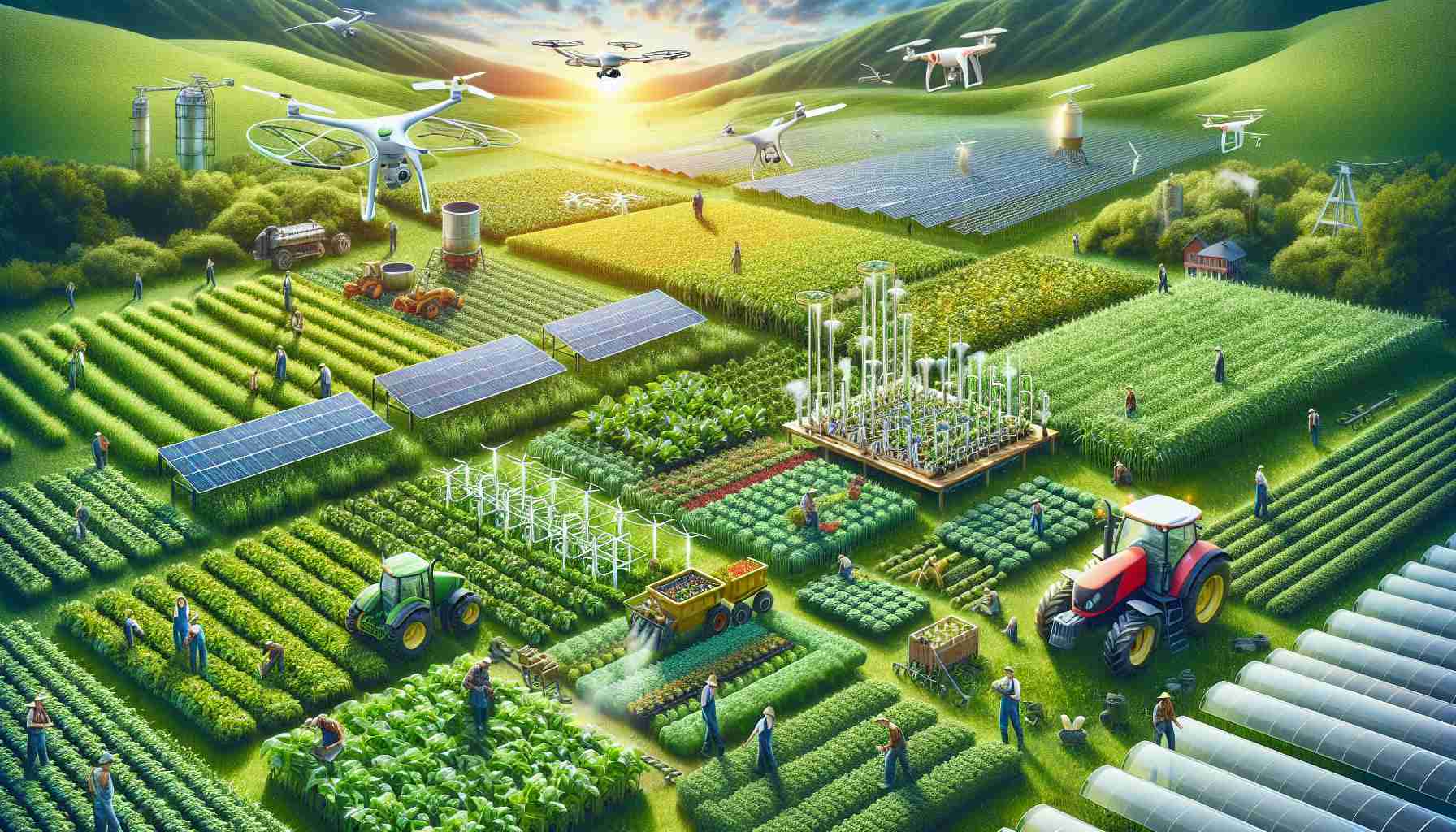 Generate a realistic, high-definition image that presents a depiction of the future of sustainable agriculture. This may include a wide array of cutting-edge technologies such as drone farming, vertical agriculture, and hydroponics put into action in a vibrant green landscape. It should convey the idea of balance between modern technology and nature, presenting an image of flourishing crops and agricultural machinery with solar panels to indicate the use of renewable energy. Possible activities that might be seen include farmers of different genders and descents working harmoniously, overseeing their robust crops and using advanced technological devices.