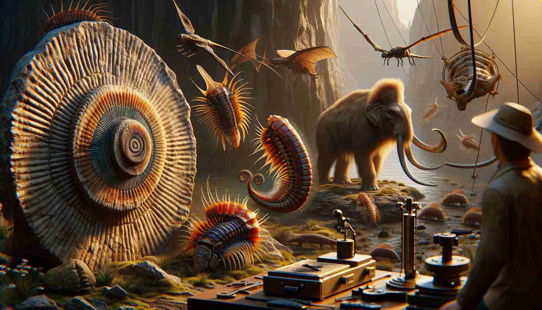 High-definition, realistic scene depicting the exploration of ancient life forms. This exploration includes the inspection of fossil records or preserved remains, multi-cellular organisms prevalent in the prehistoric era, and the unveiling of their attributes and traits. These dinosaurs, trilobites, mammoths, or pterosaurs are intricately detailed, providing a glimpse into the world long lost. The scene features natural hues and careful detailing to highlight the textures and patterns on the ancient life forms, their environments, and the tools associated with their study.