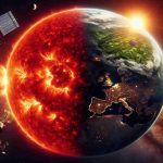 Create a realistically detailed HD image rendering of the Sun in its aging stage, exuding a vivid crimson hue, surrounded by a vast expanse of cosmic scenery. Concurrently, depict the Earth, buffered by a mix of technological advancements and natural resilience. Include satellites, space stations, solar panels, advanced cities, and sprawling greenery. Show the resilience of the human race towards future survival yet, highlight the dramatic tension between the inevitable cosmic events and human existence.