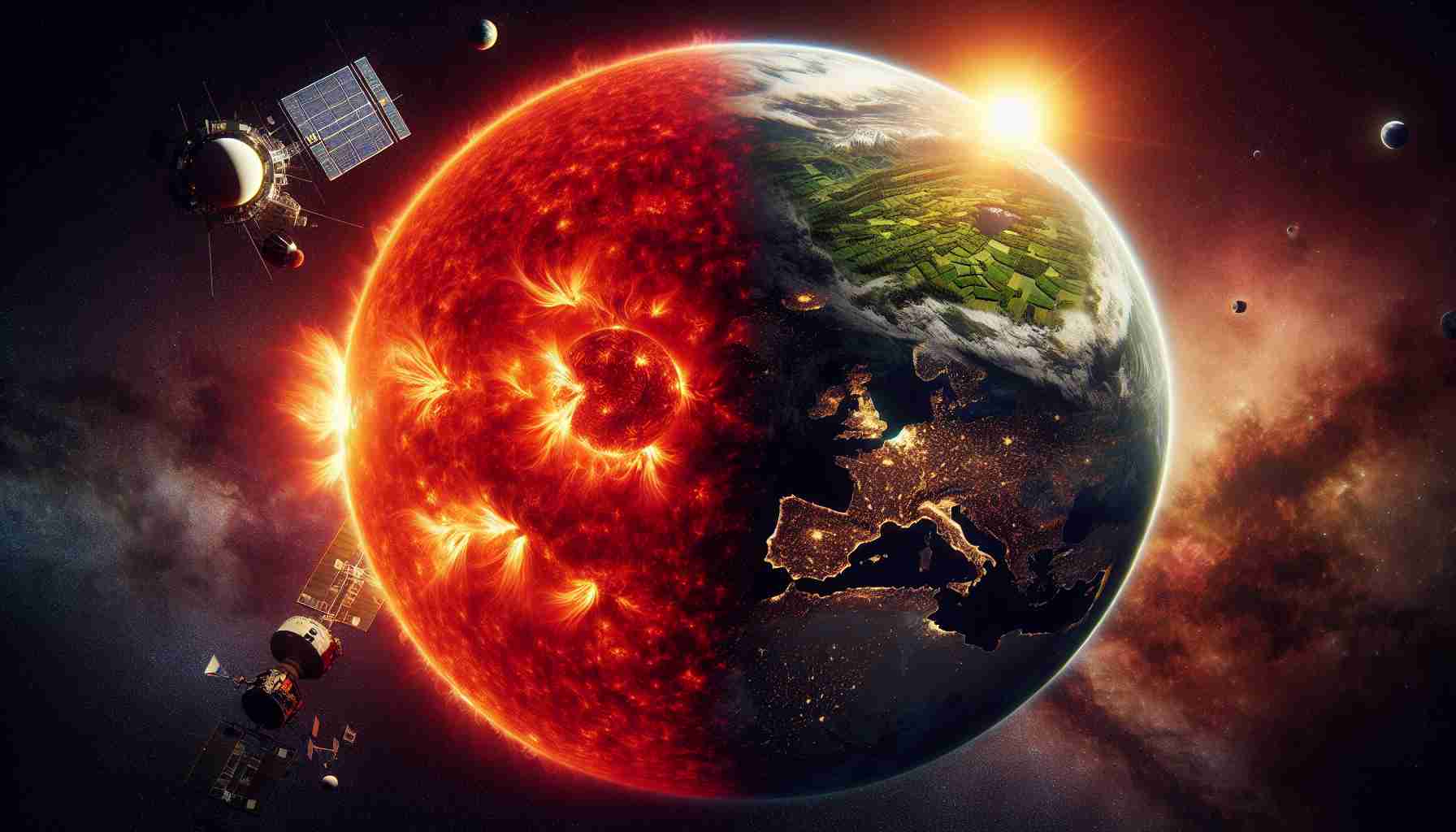 Create a realistically detailed HD image rendering of the Sun in its aging stage, exuding a vivid crimson hue, surrounded by a vast expanse of cosmic scenery. Concurrently, depict the Earth, buffered by a mix of technological advancements and natural resilience. Include satellites, space stations, solar panels, advanced cities, and sprawling greenery. Show the resilience of the human race towards future survival yet, highlight the dramatic tension between the inevitable cosmic events and human existence.