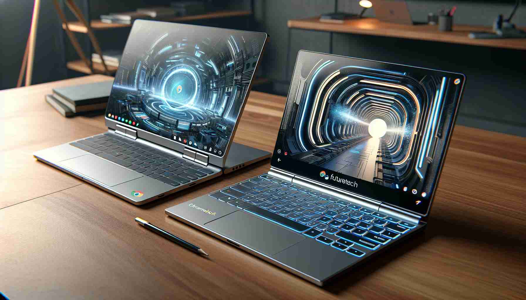 Create a high-definition, realistic image of two revolutionary laptops. One is the widely-popular Chromebook Plus, known for its sleek silver design, chiclet-style keyboard, and minimalistic yet functional aesthetics. The second is a concept laptop from the futuristic brand FutureTech, imagined with unique features such as a transparent, touch-sensitive display, holographic keyboard, and a slim, ultra-lightweight black titanium body. Both laptops are open and turned on, showing their visually different operating systems. They are placed next to each other on a stylish, modern wooden desk.