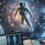 High-definition, realistic image representing space discoveries concerning the human body: Specifically, this portrays how the human body may adapt, function and survive in the extraterrestrial environment beyond Earth. Capture an astronaut of South Asian descent floating in zero gravity, surrounded by physics diagrams, biological data, and notes detailing astronaut health and nutrition. The backdrop should be a vast star-studded cosmos. A computer screen in front of the astronaut can be displaying 3-dimensional images of human anatomy while some scientific instruments float around in the microgravity environment.