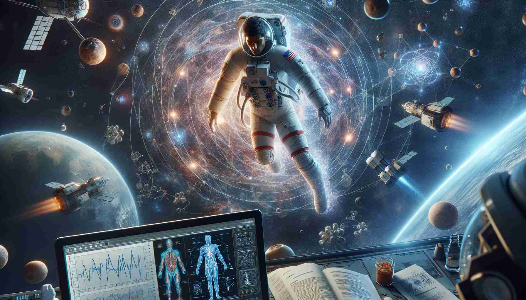 High-definition, realistic image representing space discoveries concerning the human body: Specifically, this portrays how the human body may adapt, function and survive in the extraterrestrial environment beyond Earth. Capture an astronaut of South Asian descent floating in zero gravity, surrounded by physics diagrams, biological data, and notes detailing astronaut health and nutrition. The backdrop should be a vast star-studded cosmos. A computer screen in front of the astronaut can be displaying 3-dimensional images of human anatomy while some scientific instruments float around in the microgravity environment.