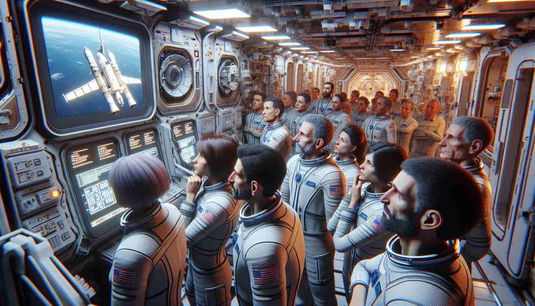 Generate a photorealistic high-definition image capturing the concept of space travel delay. Depict the interior of the International Space Station (ISS) with astronauts of mixed gender and varying descents looking meaningfully at a monitor displaying the word 'Starliner'. Create an ambiance of slight disappointment but also determination and resilience in the astronauts' expressions and body language.