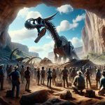 An ultra high-definition, realistic image showing the moment of discovering a new dinosaur species. The scene unfolds in a rocky desert environment under a vivid blue sky. In the center, a group of diverse gendered and ethnic paleontologists huddle around a partially excavated dinosaur fossil. This species is unique, characterized by its large, curved horns on either side of its skull and its long, lean body. The fossil, even in its still-buried state, evokes a sense of awe and wonder. The expressions on the paleontologists' faces range from disbelief to excitement, exemplifying the marvel of this historic moment.