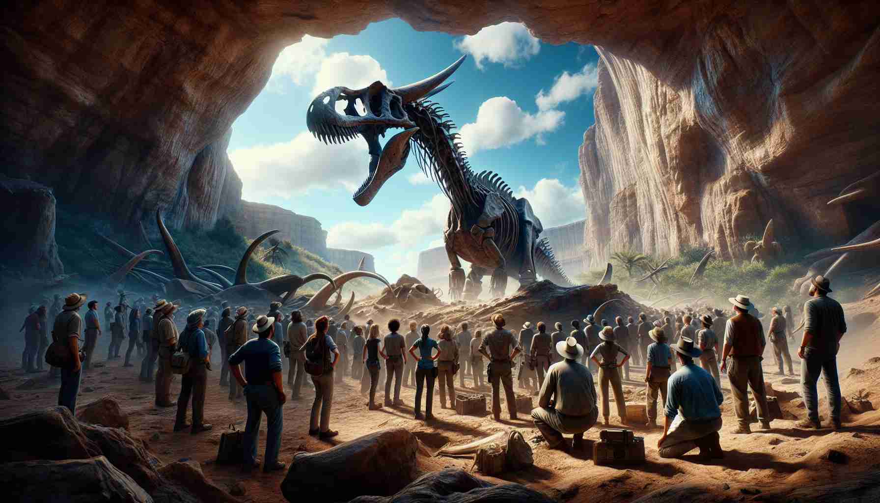 An ultra high-definition, realistic image showing the moment of discovering a new dinosaur species. The scene unfolds in a rocky desert environment under a vivid blue sky. In the center, a group of diverse gendered and ethnic paleontologists huddle around a partially excavated dinosaur fossil. This species is unique, characterized by its large, curved horns on either side of its skull and its long, lean body. The fossil, even in its still-buried state, evokes a sense of awe and wonder. The expressions on the paleontologists' faces range from disbelief to excitement, exemplifying the marvel of this historic moment.