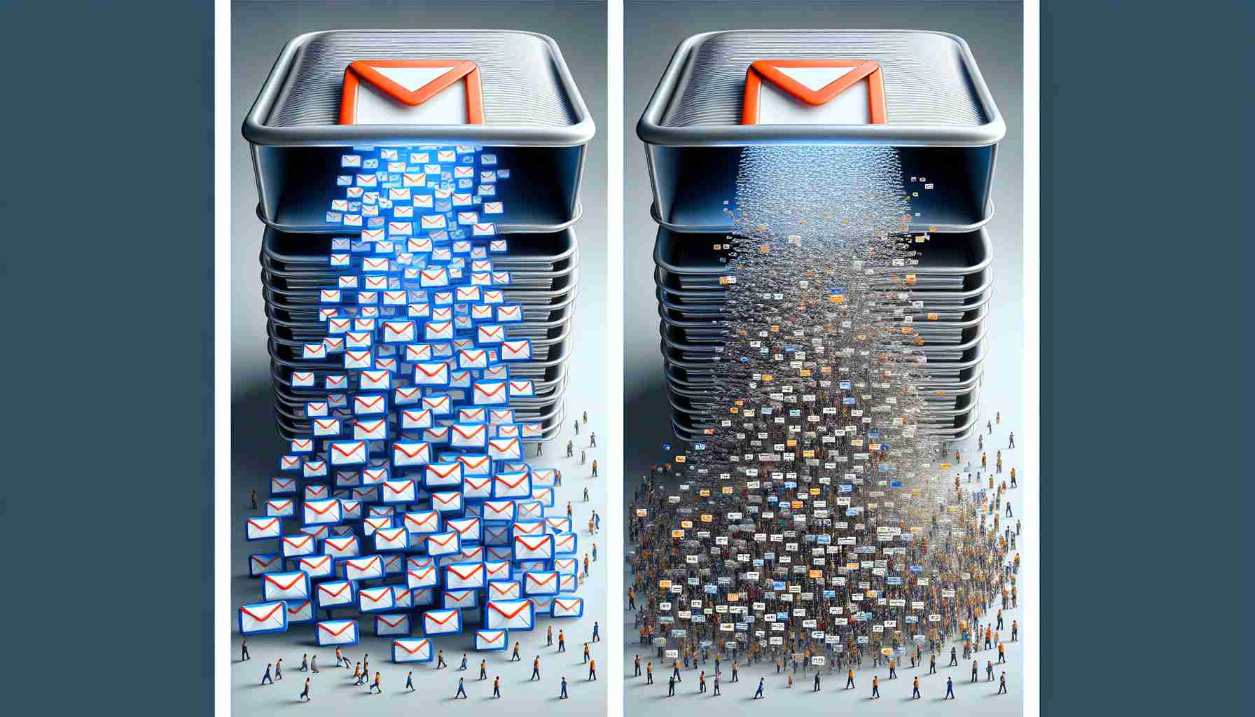 Create a high-definition, visually realistic image displaying the concept of gaining extra storage space in Gmail. This should be depicted without clearing or deleting emails. You may portray this as a full email inbox that magically expands its capacity, or a before-and-after image showing a packed inbox and then a less crowded one with the same amount of emails but more space.