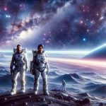 Realistic High Definition image of an extraordinary space journey, featuring two astronauts - one male astronaut of Caucasian descent named Butch and one female astronaut of South Asian descent named Sunita. They are standing on the surface of an uncharted planet, surrounded by a panorama of incredible alien landscapes under a vast cosmic sky studded with brightly shining stars.