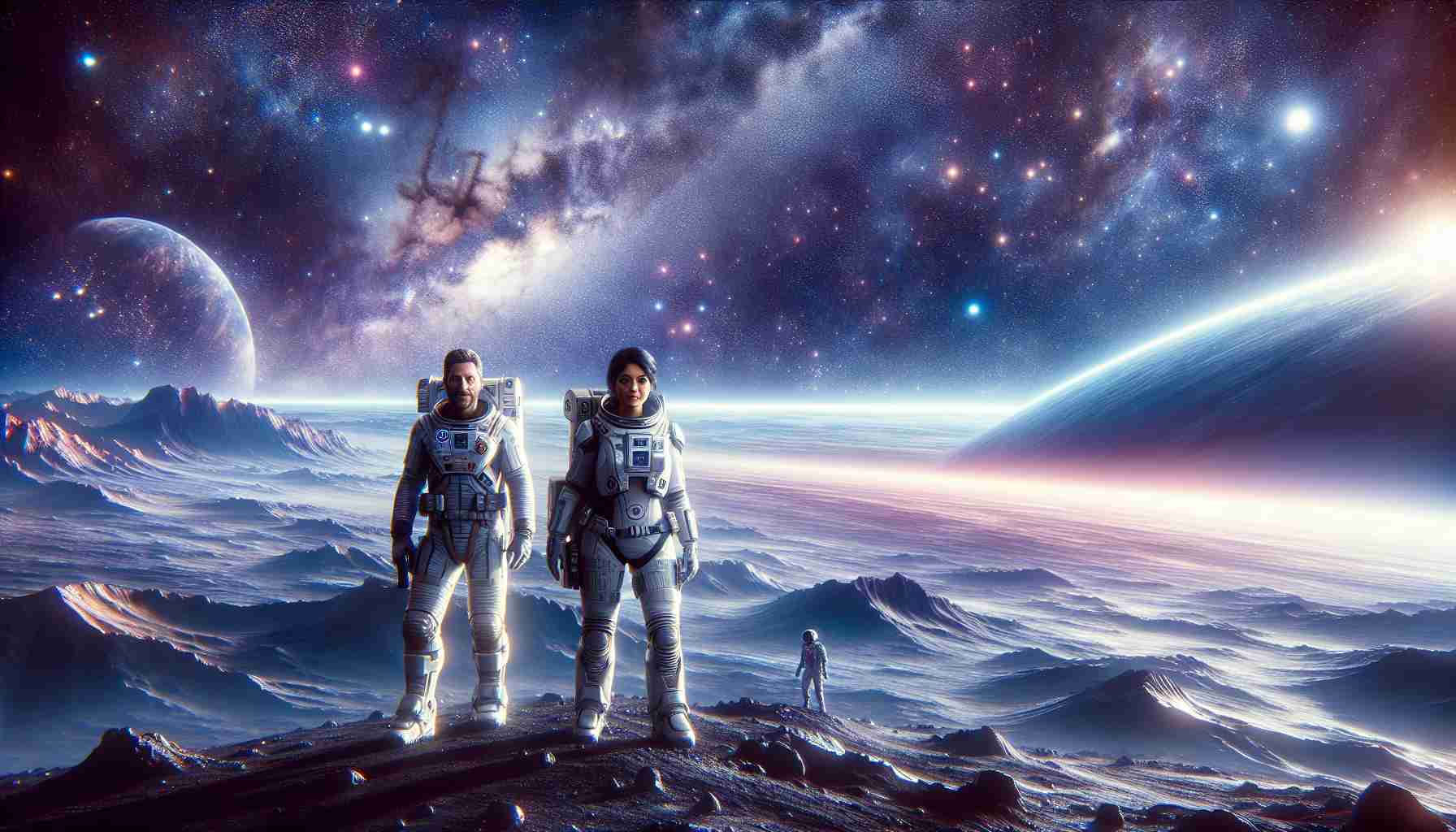 Realistic High Definition image of an extraordinary space journey, featuring two astronauts - one male astronaut of Caucasian descent named Butch and one female astronaut of South Asian descent named Sunita. They are standing on the surface of an uncharted planet, surrounded by a panorama of incredible alien landscapes under a vast cosmic sky studded with brightly shining stars.