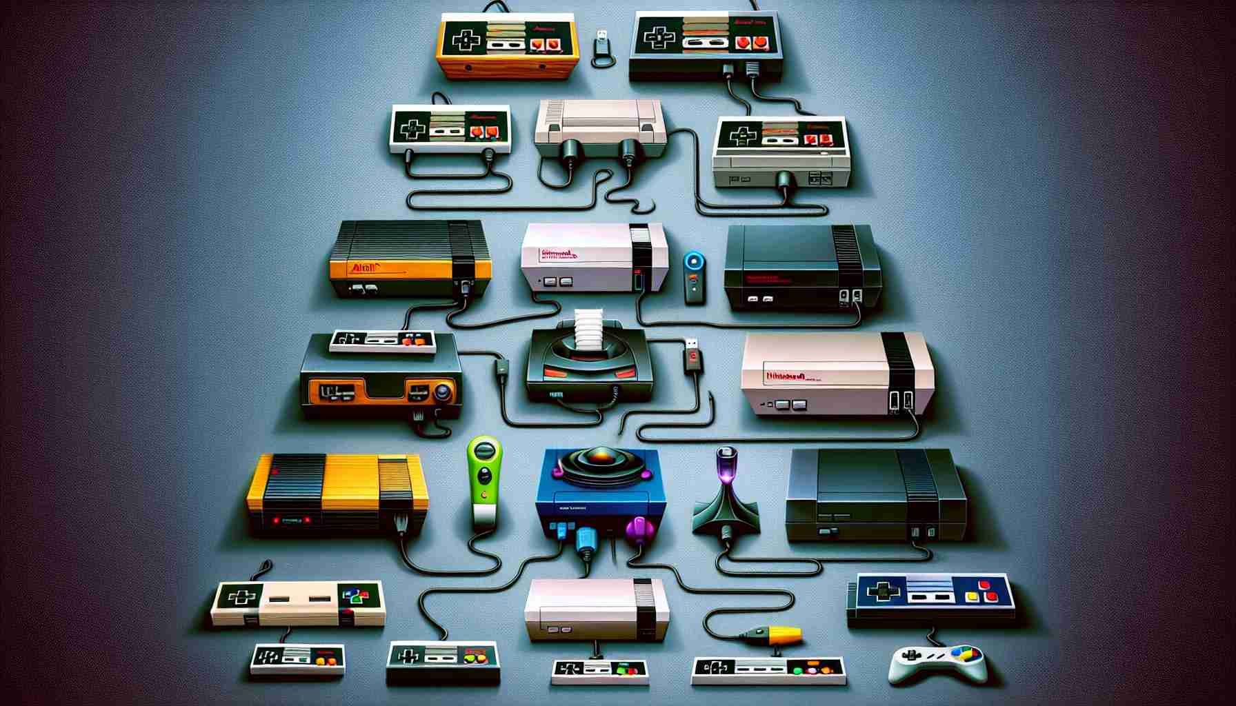 Create a highly detailed HD image showcasing the evolution of gaming consoles throughout the years. The image should start from the earliest consoles, taking inspiration from systems such as Atari and the original Nintendo, and follow with other breakthrough consoles progressively leading to the latest technologies today. The image should convey a sense of progression and the excitement of embracing the future. It is important that the consoles are not labeled with their real names or logos, instead, they should be identifiable by their design and form factor only.