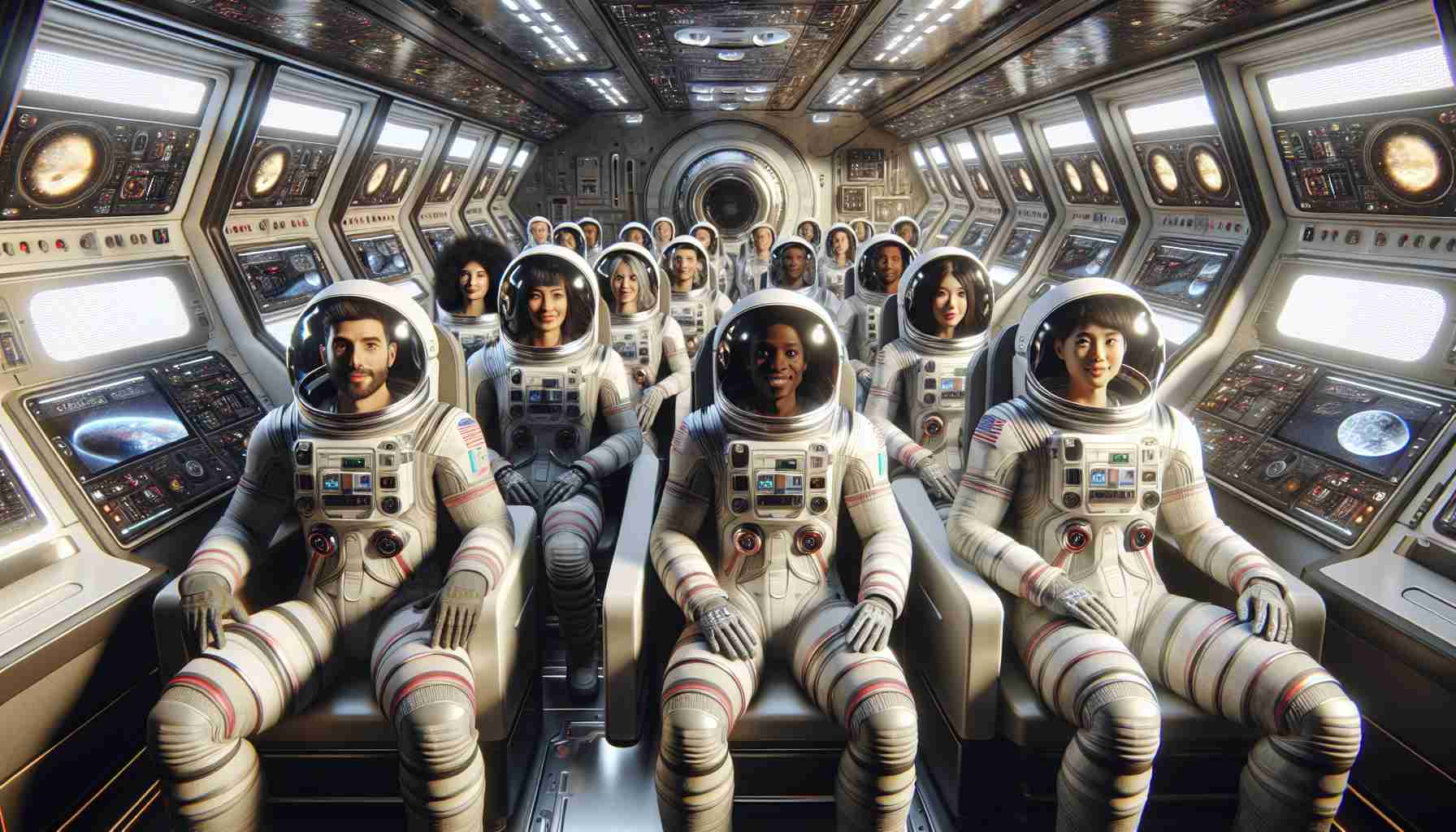 Generate a high-definition, realistic image of a diverse group of astronauts aboard a generic futuristic spacecraft. The astronaut group is a fusion of different genders and descents such as Caucasian, Hispanic, Black, and Middle-Eastern. The spacecraft interior is akin to modern-day designs but with advanced equipment and technology. Capture the sense of historic importance and momentous exploration these astronauts are undertaking in this journey through space.