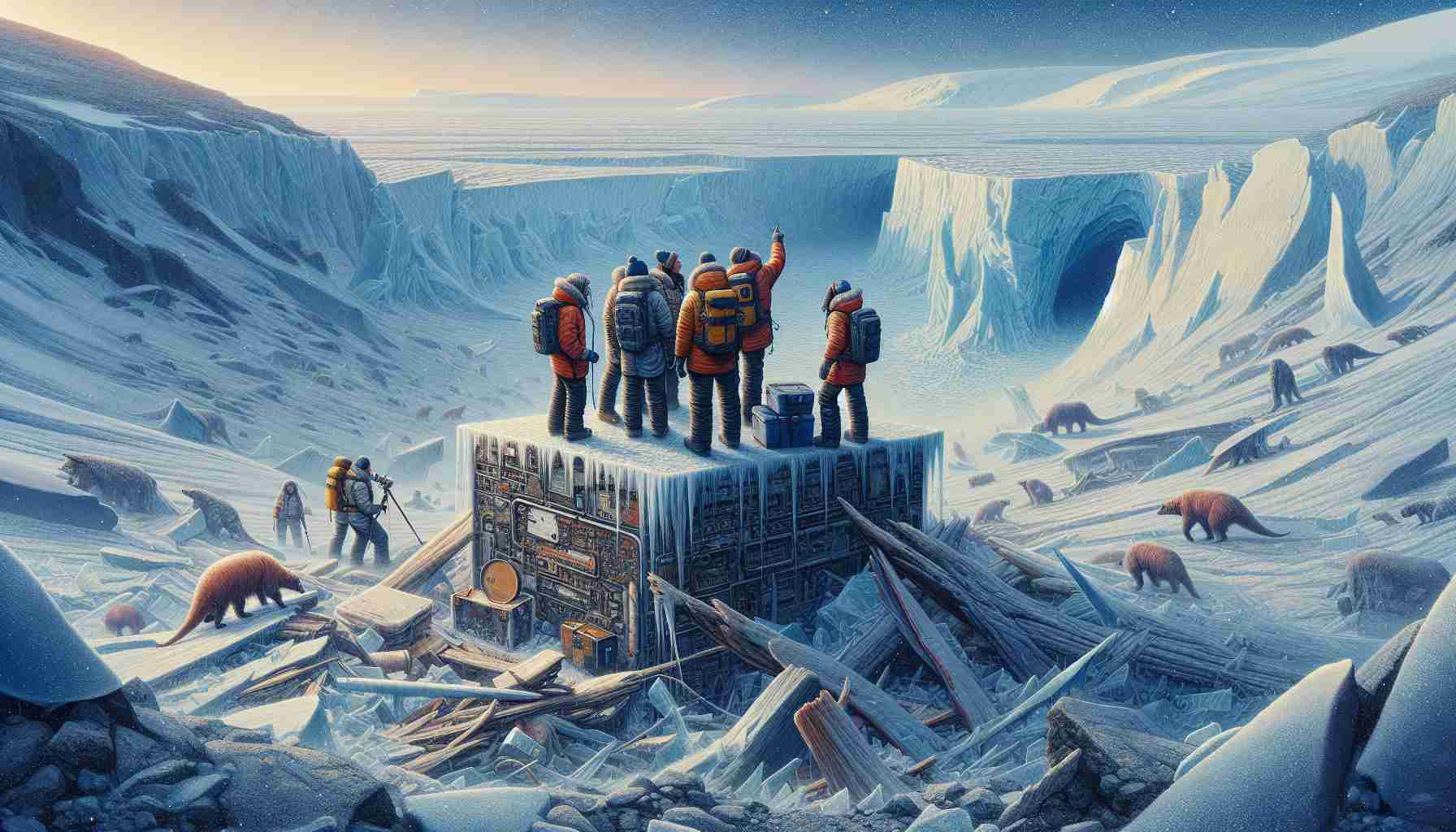 An exquisitely detailed, high-definition illustration of a significant moment in science: a team of researchers, diverse in terms of descent and gender, stumble upon a fascinating geological find -- an ancient river -- buried deep within the icy expanses of Antarctica. The scientists, wrapped in warm, technical clothing, react with utter amazement as they survey this vestige of Earth's past. The setting is harsh yet eerily beautiful, the forever frozen landscape contrasting sharply with the almost surreal sight of the river's remnants.