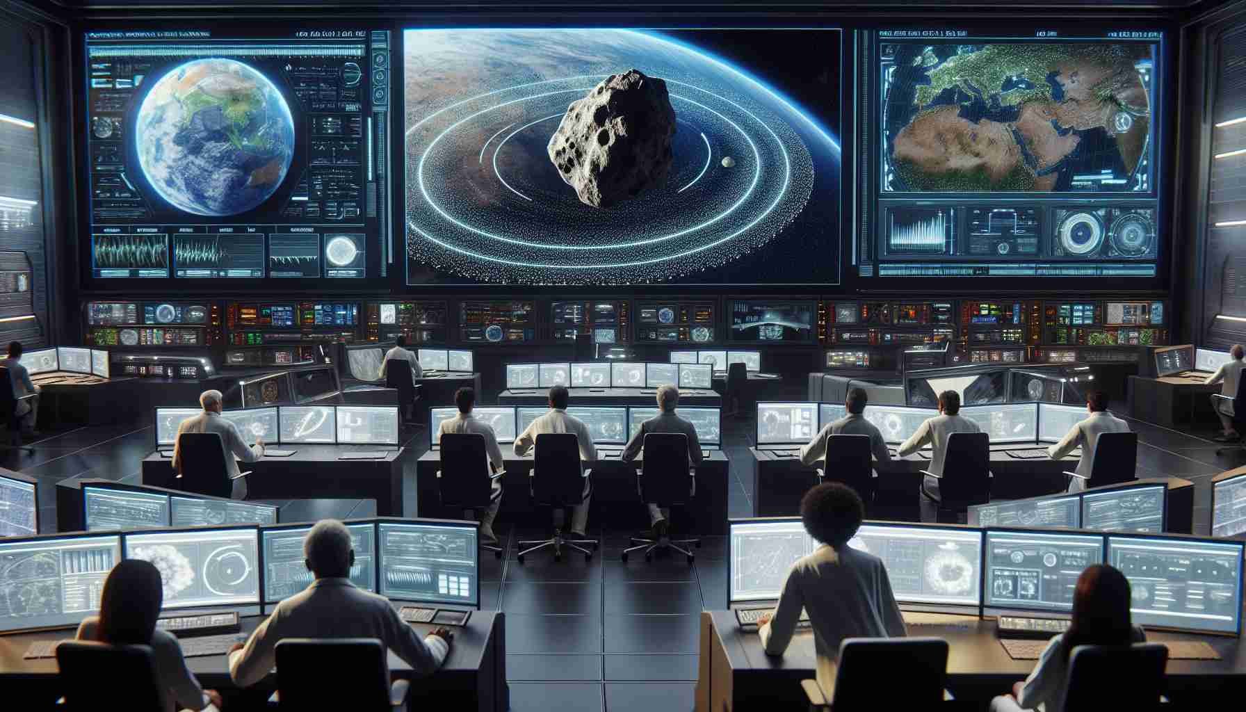 A high-definition, realistic image of a scenario that depicts the monitoring of space threats, specifically an asteroid. The view should include a large display panel showcasing the trajectory of the asteroid in relation to Earth. Nearby, scientists of various from different descents (e.g., Caucasian, Hispanic, Middle-Eastern, Black, and South Asian) and both genders are gathered, studying the data and devising contingency plans. The room is filled with various advanced technological equipment including futuristic computers.