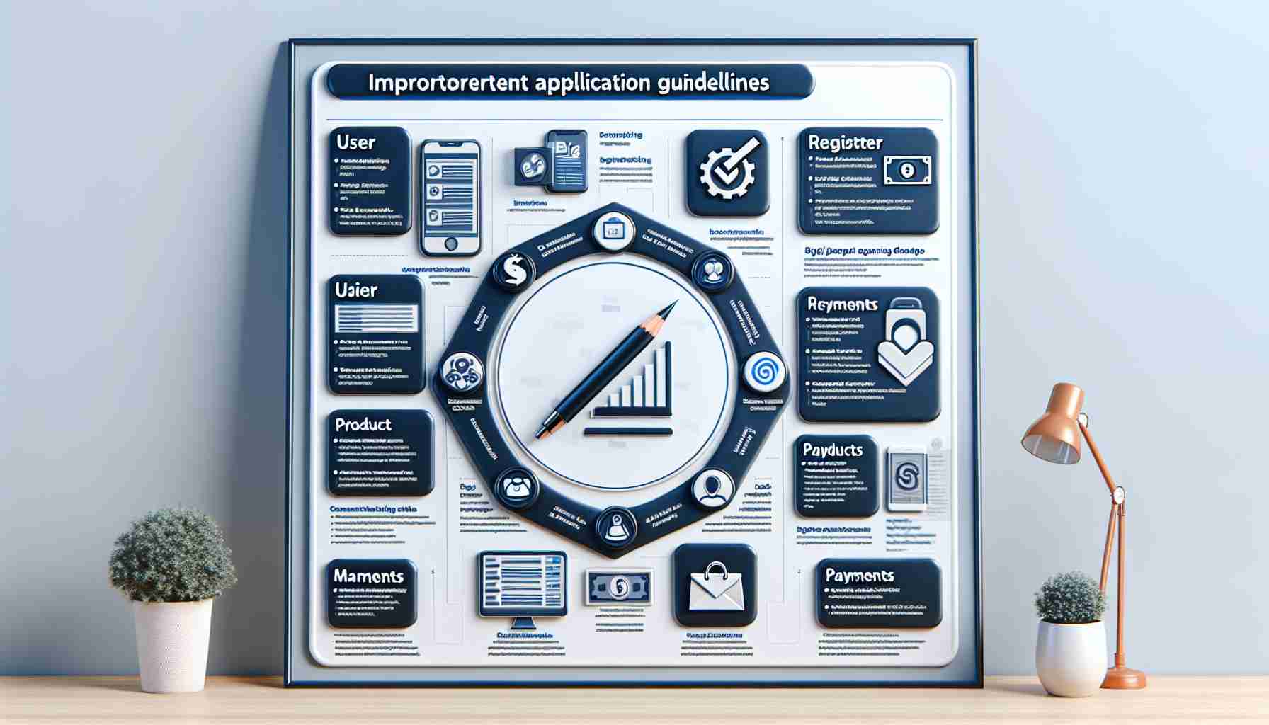 A realistic, high-definition image illustrating important application guidelines for a generic big online marketplace. It should highlight key aspects like user registrations, product listings, payments, and customer service. The presentation could be in the form of an infographic or checklist.