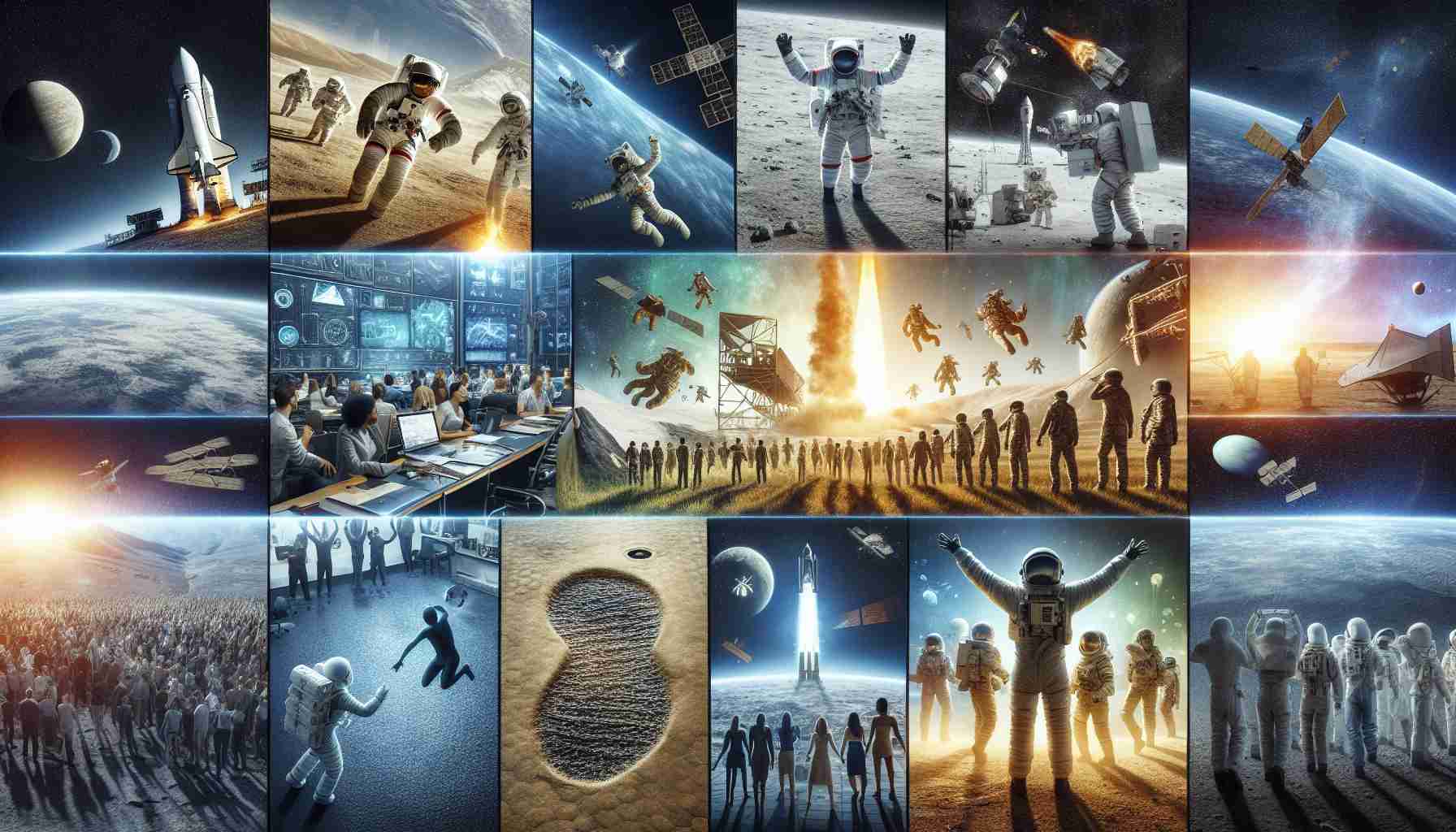 A realistic, high-definition image that represents the various challenges and triumphant moments in the field of space exploration. This could include the launch of rockets, astronauts grappling with zero gravity, satellite deployments, groundbreaking discoveries such as a footprint on an alien terrain, and celebrations back at mission control, reflecting the efforts of diverse gender and descent - Caucasian, South Asian, Middle-Eastern, Black, Hispanic and White researchers and astronauts. Layer the image with a blend of darker challenging periods, along with brighter epoch-making discoveries symbolising triumphs.