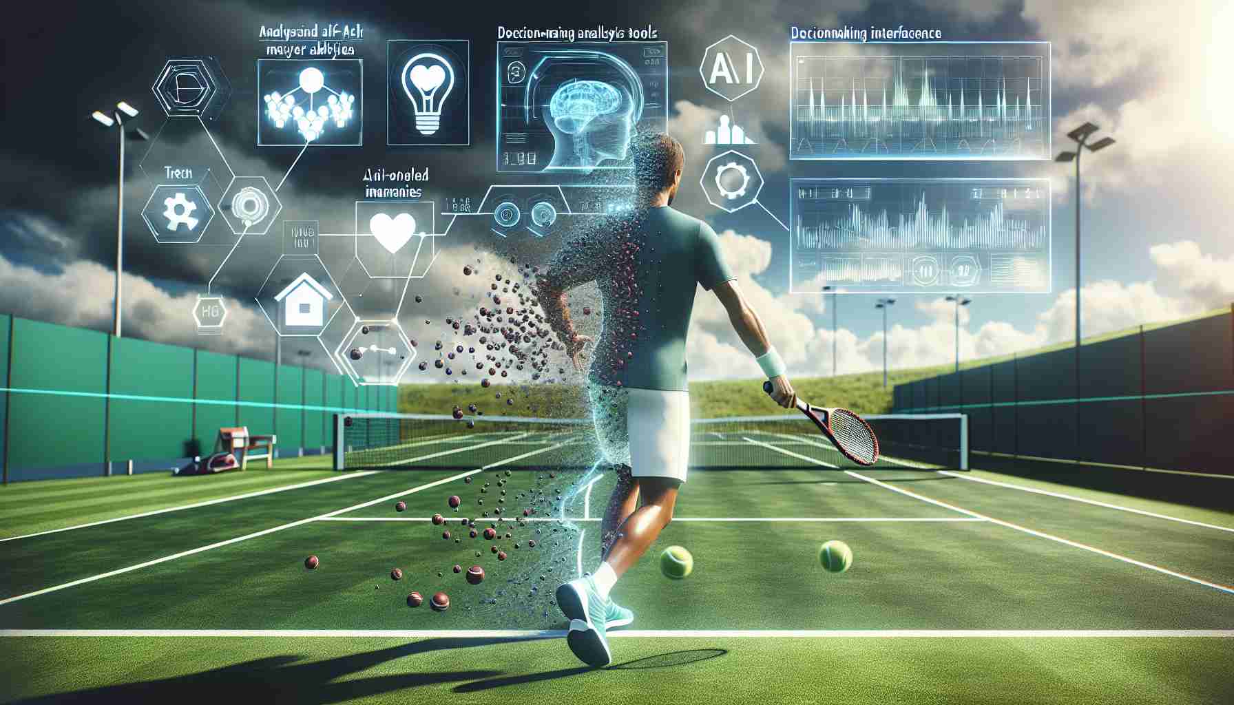 Generate a realistic HD image showcasing the impact of AI in the realm of competitive tennis. This might include showing advanced tech such as AI-driven analysis tools quantifying player abilities, training with AI-controlled machines for practice, or decision-making interferences in matches aided by AI. The image can also include a grass tennis court in the background, a player in motion, perhaps an AI interface overlay depicting performance metrics, and may hint at futuristic enhancements in sport.