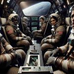 High definition image capturing an unexpected event in a cosmos voyage. It depicts NASA astronauts in their mission suits within the spacecraft, communicating their situation back to mission control on earth. The mixed-gender team, composed of a Black man, a Hispanic woman, and a Middle-Eastern man, exhibits an array of reactions - stoicism, apprehension, and determination. The cramped yet sophisticated interior of the spaceship and the void of unending space visible through a portal further enhances the drama of their prolonged stay.