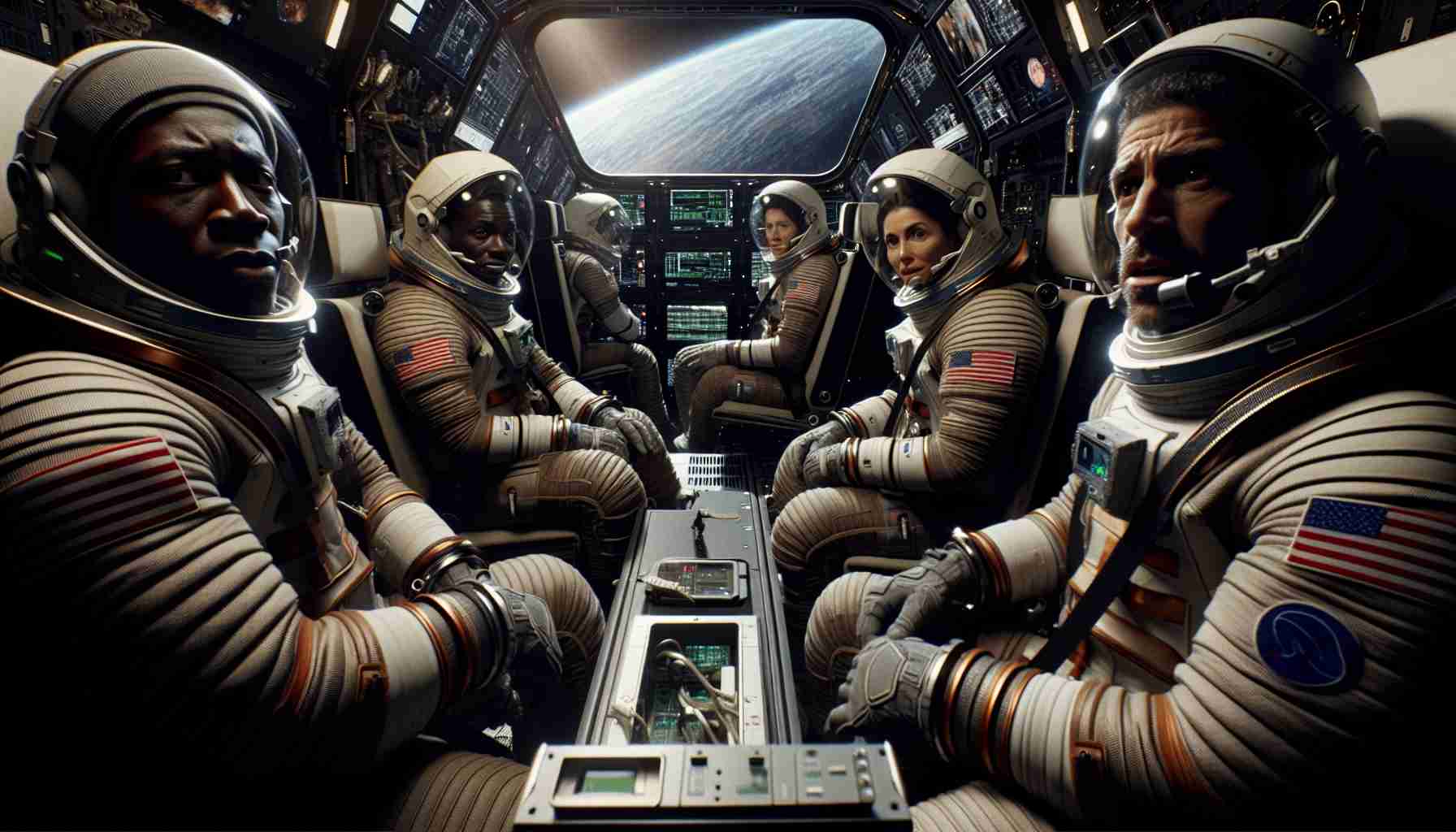 High definition image capturing an unexpected event in a cosmos voyage. It depicts NASA astronauts in their mission suits within the spacecraft, communicating their situation back to mission control on earth. The mixed-gender team, composed of a Black man, a Hispanic woman, and a Middle-Eastern man, exhibits an array of reactions - stoicism, apprehension, and determination. The cramped yet sophisticated interior of the spaceship and the void of unending space visible through a portal further enhances the drama of their prolonged stay.