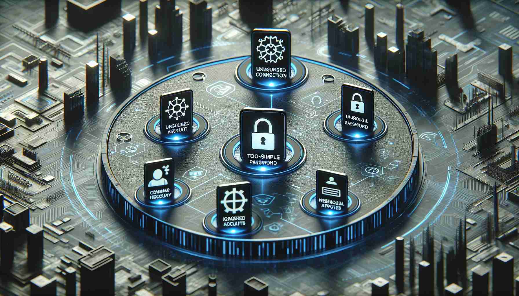 Render a realistic, high-definition representation of a cybersecurity awareness concept featuring five distinct signs that indicate online accounts could be at risk. The indicators should be visually represented as symbols or metaphors that portray common risks such as unsecured connection, too-simple password, unusual account activity, ignored security updates, and recurring login attempts from unfamiliar locations. Surround these representations with the digital atmosphere feel, slightly darkened tones, with blues and blacks dominating to evoke the feeling of a virtual landscape.