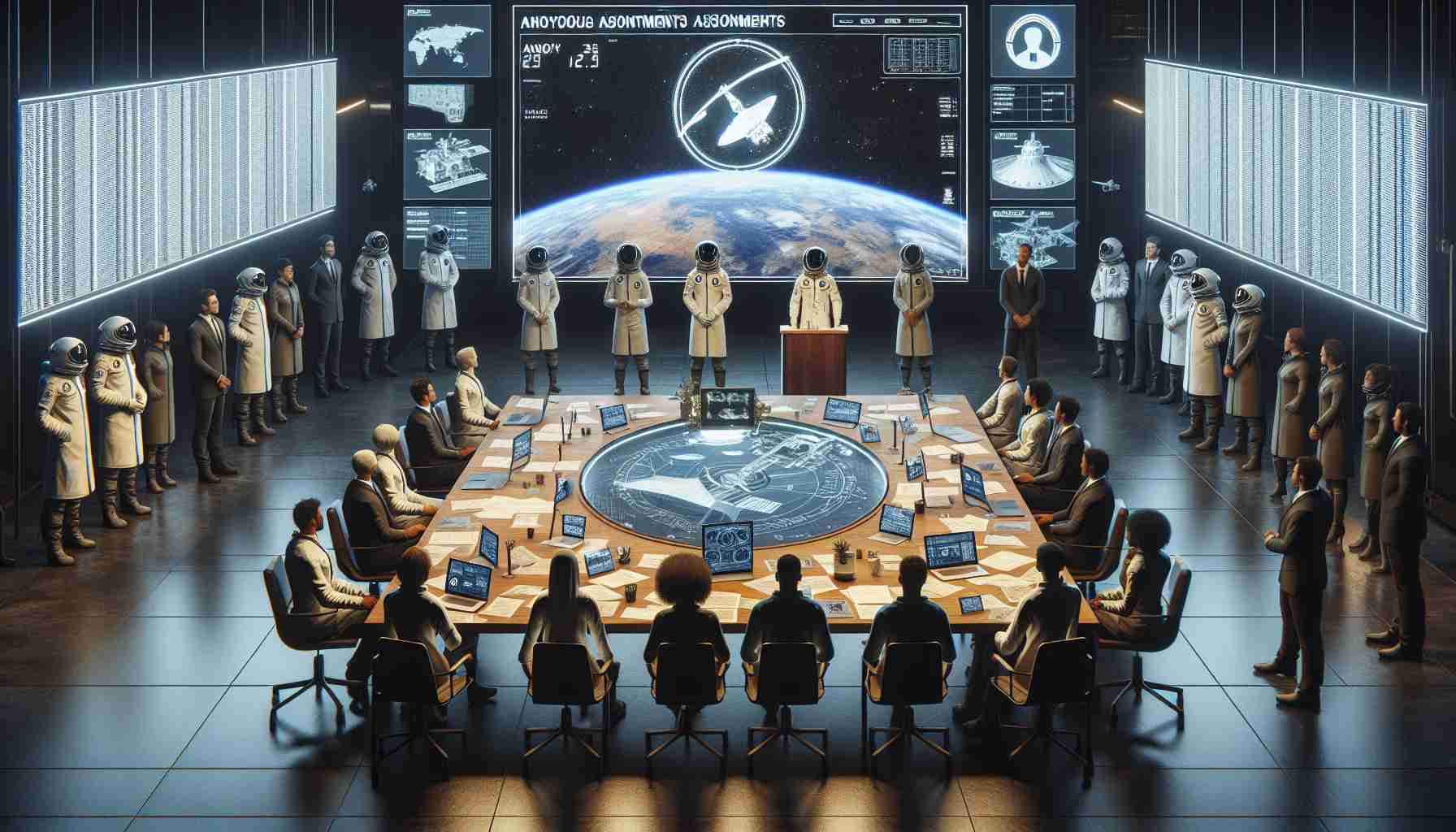 A high-definition, realistic image of an anonymous space agency announcing new assignments for a space mission. Visualize a diverse group of scientists and astronauts of different descents, such as Caucasian, Hispanic, Black, and Middle-Eastern, both male and female, gathered around a large table adorned with documents, charts, and 3D models of spacecraft. The atmosphere in the room is one of anticipation and excitement. Screens on the wall display the space mission details, and in the center of the room stands a podium with a generic logo of a space organization.