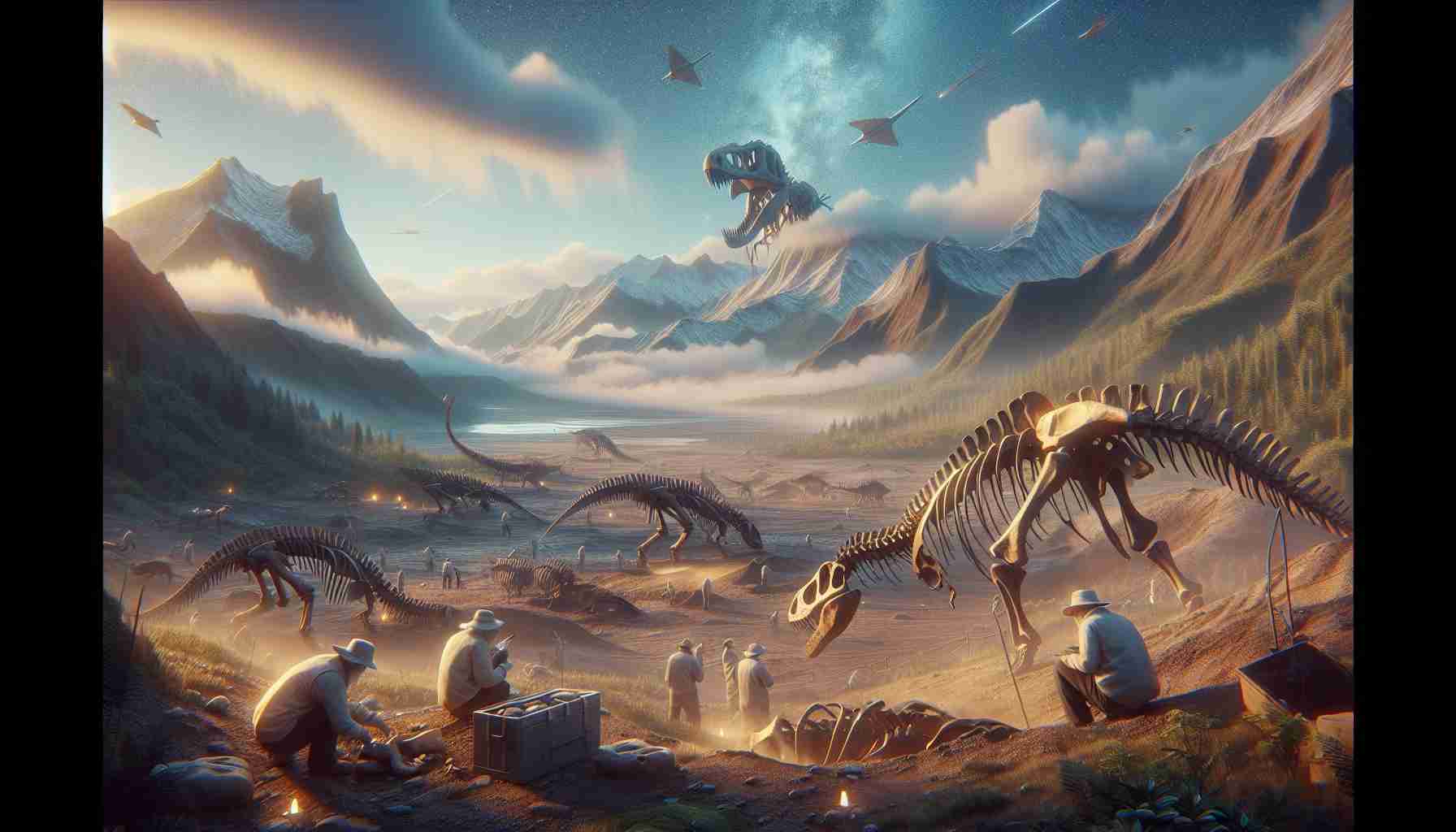 Generate a detailed, high-definition image showcasing the moment a new species of dinosaur is discovered, fundamentally changing our assumptions of prehistoric life. This scene could include an excavation site, paleontologists in the midst of their work, a fossilized skeleton of the new species that displays distinct, never-before-seen features, and potentially, a picturesque representation of the same species as it would have looked in its natural habitat millions of years ago, based on the discovered fossils.