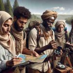 High-definition, realistic image of a groundbreaking expedition led by civilian pioneers. The group comprised of a diverse array of explorers. The expedition leader is an assertive Middle-Eastern woman, who is consulting a map. Her right-hand individual is a charismatic Black man navigating with a compass. A hardworking South Asian woman diligently records details in her notebook, while an adventurous Caucasian man prepares cooking gear. They are wearing appropriate outdoor gear, seemingly prepared for a challenging journey. The background reveals a picturesque, yet untouched wilderness that is awaiting exploration.