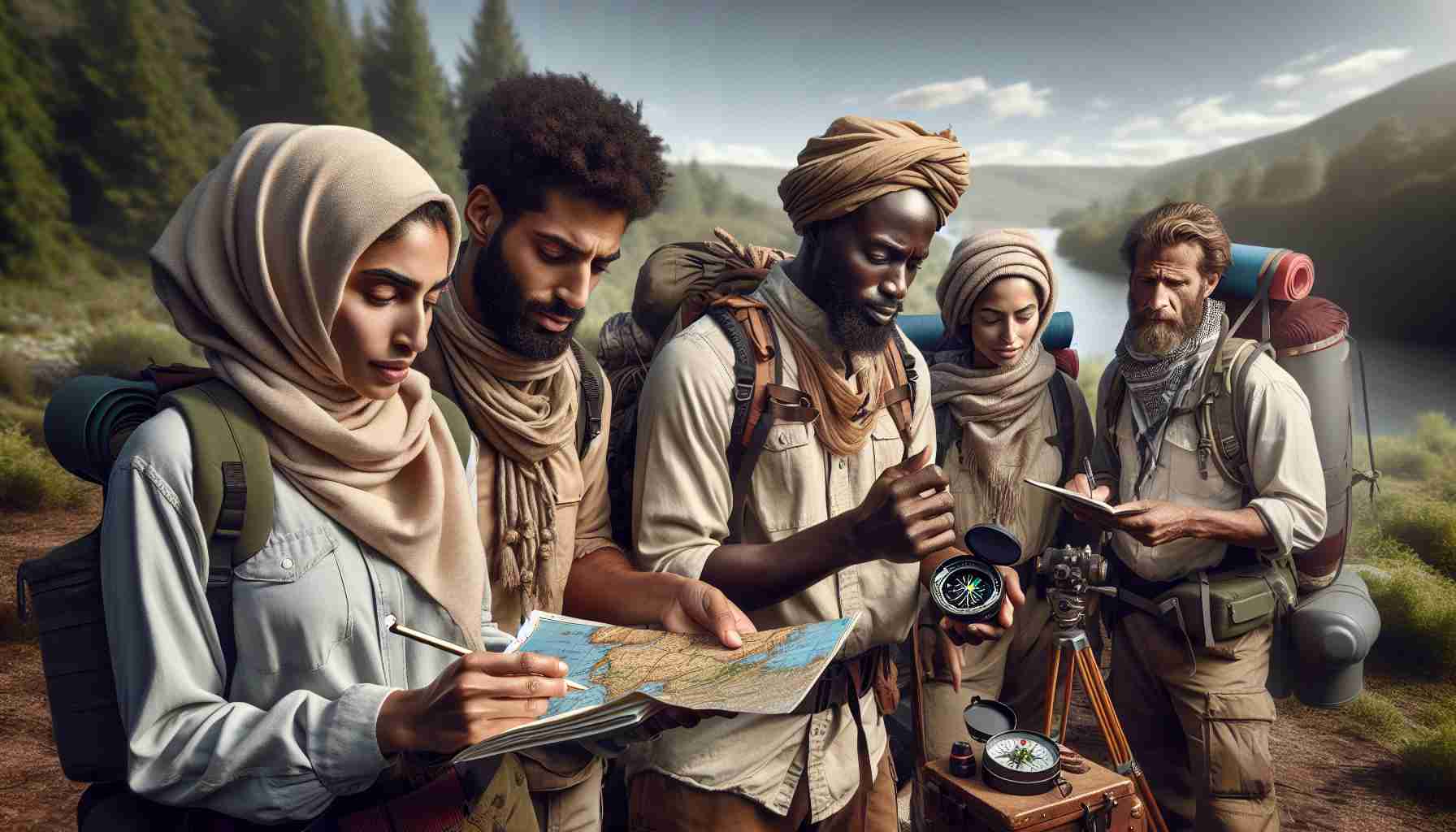 High-definition, realistic image of a groundbreaking expedition led by civilian pioneers. The group comprised of a diverse array of explorers. The expedition leader is an assertive Middle-Eastern woman, who is consulting a map. Her right-hand individual is a charismatic Black man navigating with a compass. A hardworking South Asian woman diligently records details in her notebook, while an adventurous Caucasian man prepares cooking gear. They are wearing appropriate outdoor gear, seemingly prepared for a challenging journey. The background reveals a picturesque, yet untouched wilderness that is awaiting exploration.