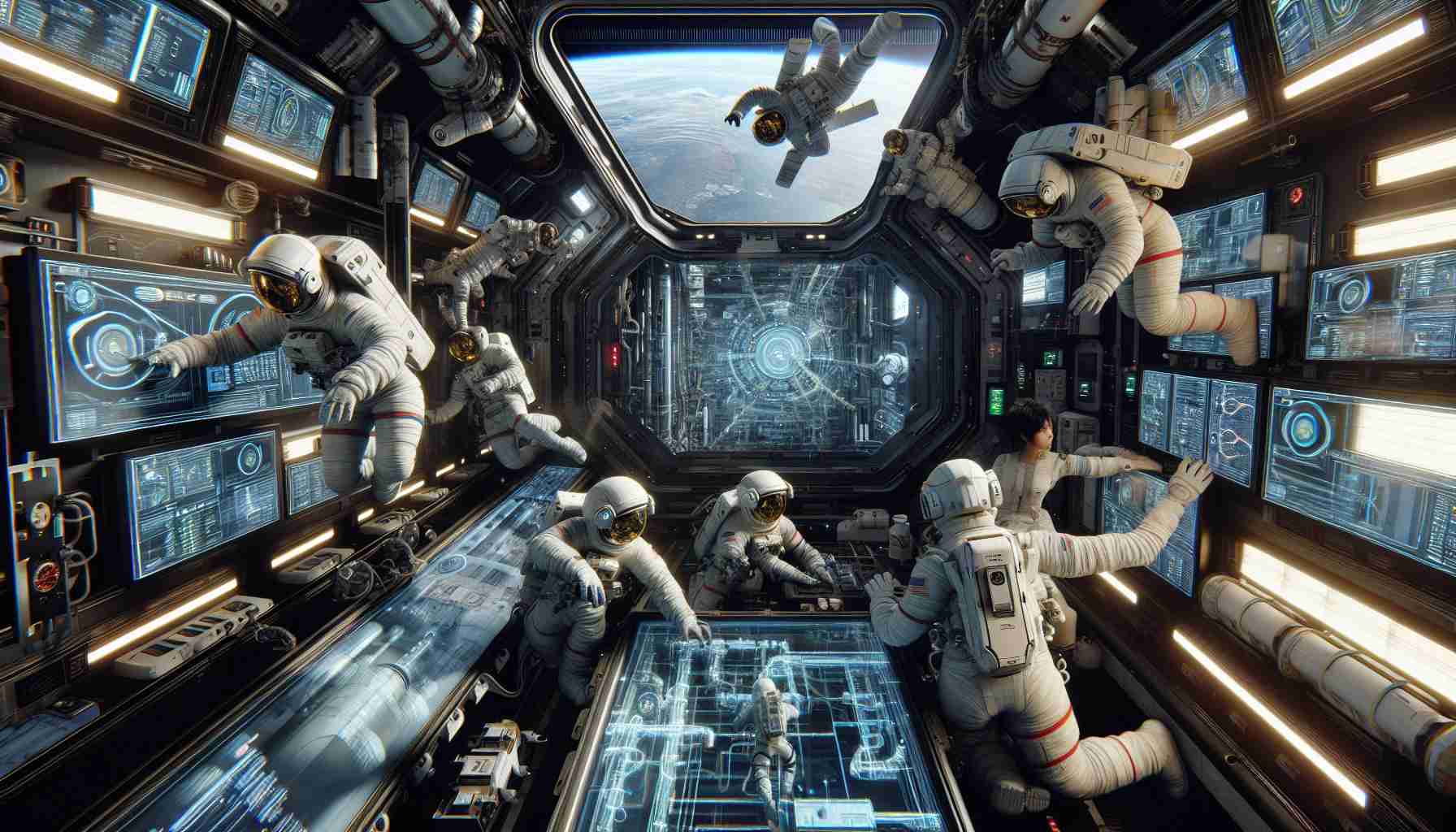 An extremely detailed and high-definition image depicting the various challenges faced by astronauts stranded in space. The image should capture a group of four astronauts, two of whom are Asian females, one is a Middle-Eastern male, and the fourth is a Black male. They're inside a space station, working together to mitigate a critical system failure. The scene captures the heightened tension, the complexity of the technical components they must manage, as well as their reliance on each other and teamwork. Visual elements may include floating tools, astronauts maneuvering in zero gravity, screens with complex diagrams, and an overall feeling of isolation and vastness of outer space.