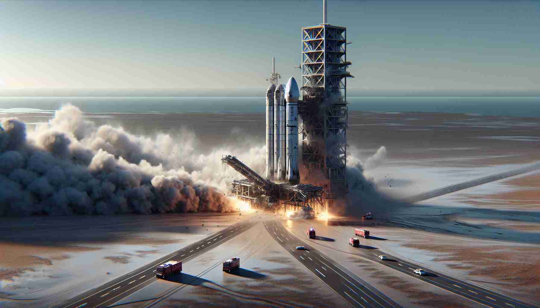 Render a high-definition, realistic image of a hold in a commercial rocket launch due to an unidentified incident. The focus should be on the grounded spacecraft, engineered with modern-day advanced technologies and with streaks of smoke still lingering around it suggesting an initially initiated launch that was aborted. There should be emergency response vehicles rapidly approaching to aid in the situation. Set the scene in a typical launch site with wide open space and a large body of water in the distance.