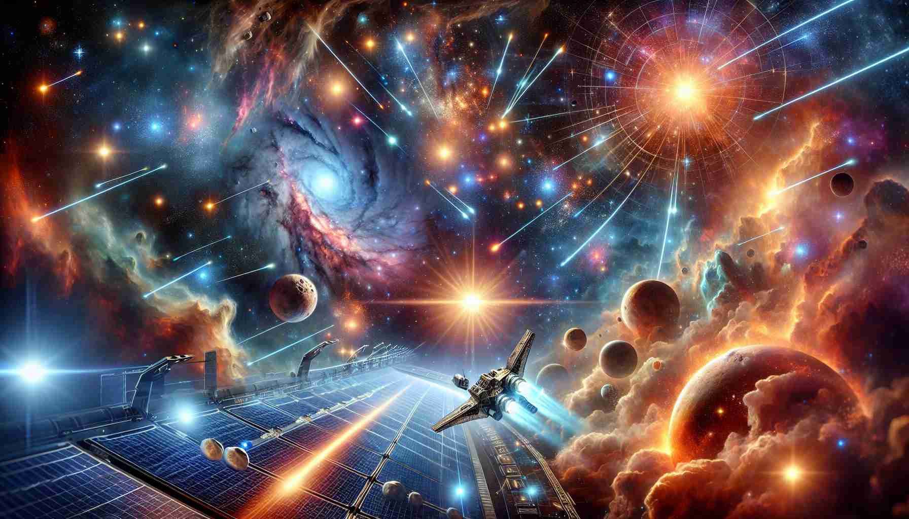 Create a realistic, high-definition image of an enthralling journey to distant stars. The scene should be filled with brilliant constellations, glowing nebulae, and a range of diverse celestial bodies like asteroids, comets, and supernovae. In the foreground, picture a spacecraft embarking on this thrilling voyage, with gleaming solar sails catching starlight. Use rays of cosmic radiation and colors of redshifting celestial bodies to illustrate the speed and distance already covered on this star-bound trek.