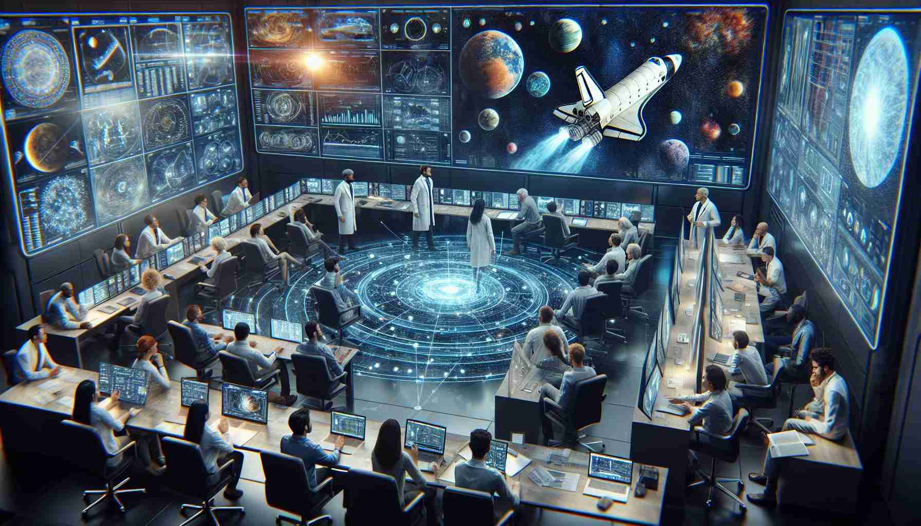 A high-definition, realistic image representing the problem-solving process for ensuring a safe return from a space mission. Depict a scenario inside a space shuttle control room where a diverse group of scientists and astronauts are actively engaging in discussion and using sophisticated technology. Include individuals of various descents such as Caucasian, Hispanic, and South Asian. The scene could include elements like star charts, 3D holographic projections of the spacecraft, laptops showing complex data, and individuals in intense discussion over the potential challenges and solutions.