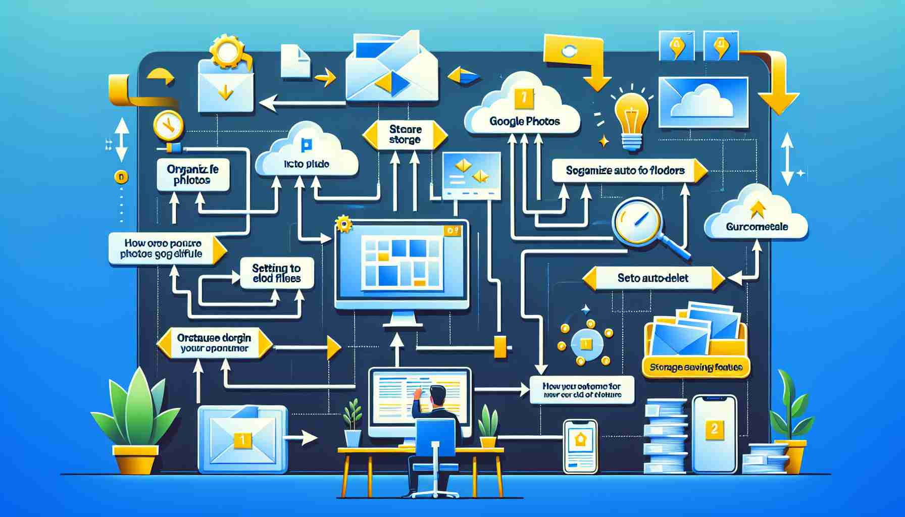 Visualize an infographic demonstrating effective methods for managing Google Photos Storage. The picture should include several labeled sections or steps, such as organizing photos into folders, setting auto-delete for old files, and usage of storage saving features. The layout could be a flowchart, with arrows guiding the viewer from one step to the next, to make the process clear and simple. The overall design should have a clean and modern aesthetic with high-quality graphics and sharp resolution.