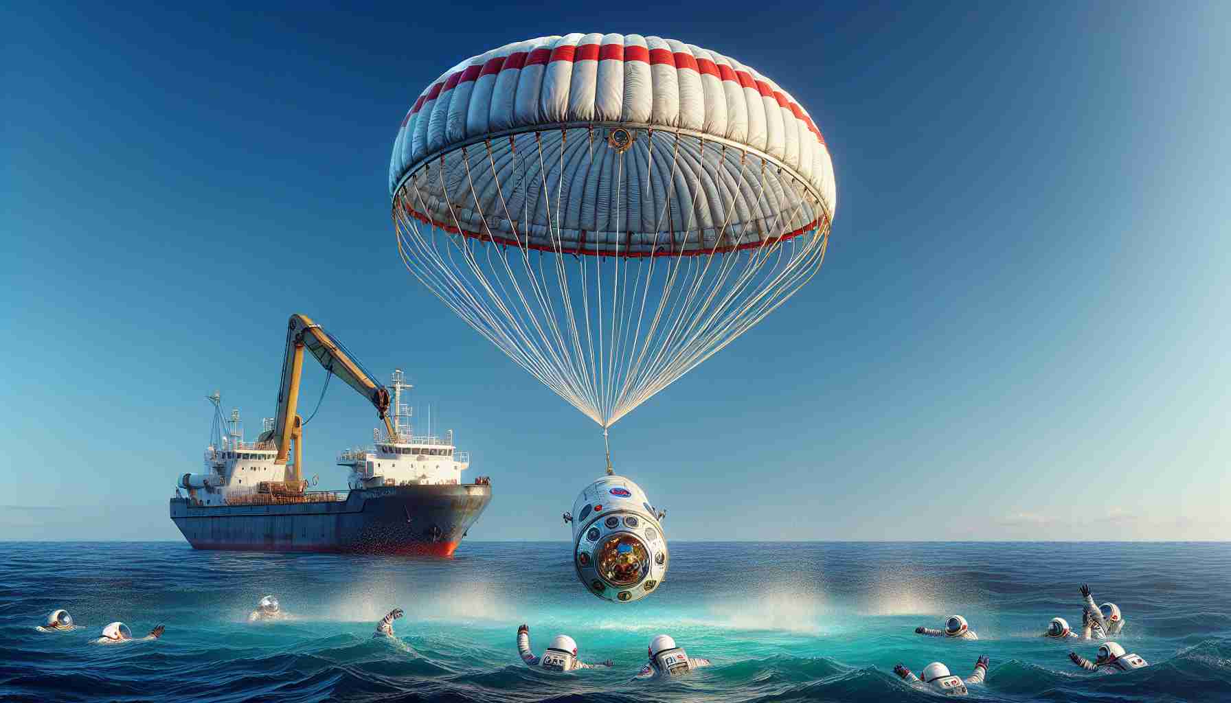 Create a realistic, high-definition image depicting the grand event of a spacecraft belonging to a commercial space company successfully returning astronauts to Earth. Picture the smooth descent of the capsule, followed by the gentle splashdown in an azure ocean. The parachute, adorned in white and red, gracefully unfolds above the capsule. The relieved and excited expressions are evident on the rescuing crew's faces. A recovery ship with a large crane for lifting the spacecraft awaits in the near distance, set against the backdrop of a clear blue sky.