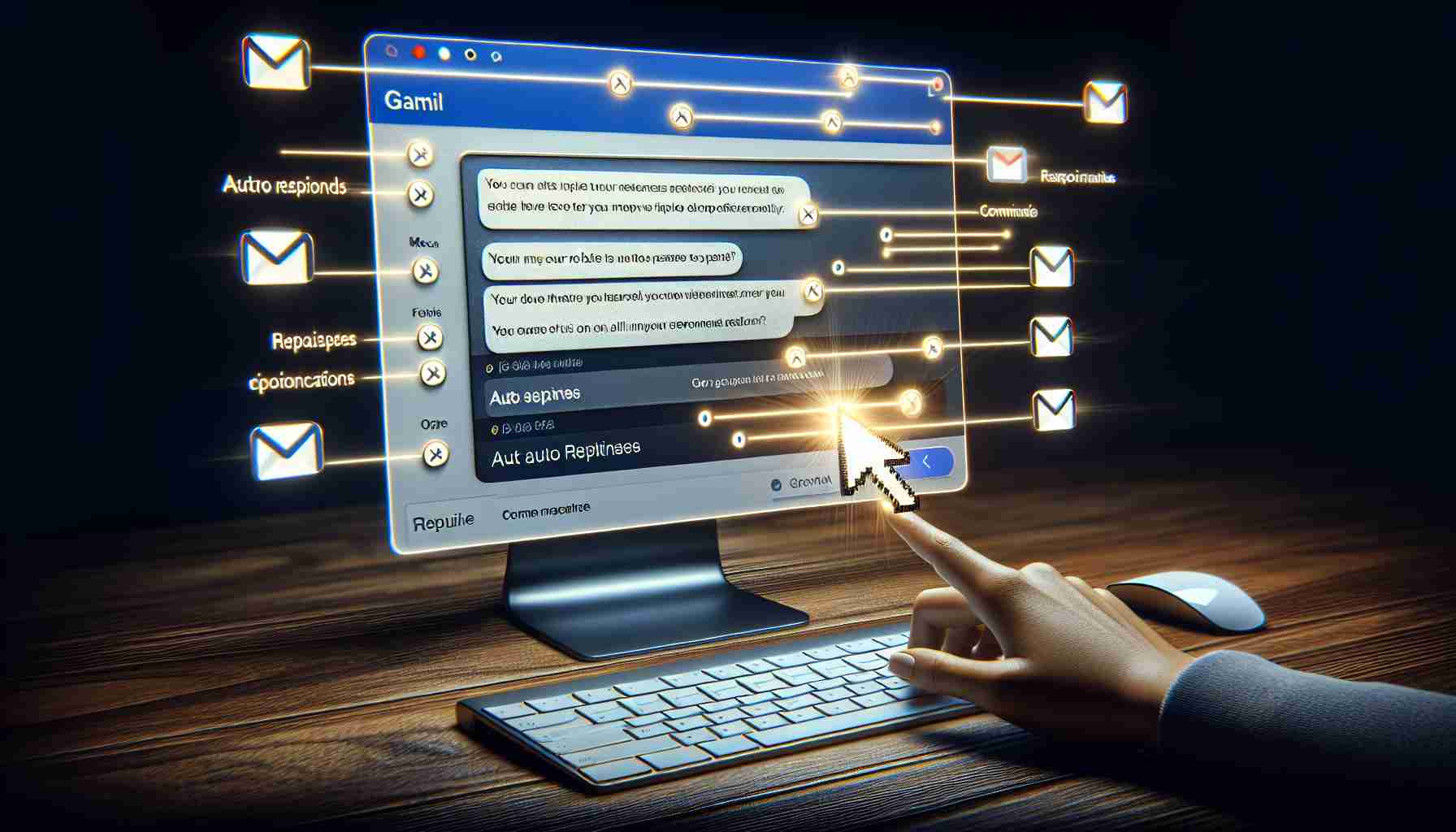 Generate a realistic high-definition image showcasing a computer screen where Gmail's automatic responses are being used to improve communication efficiency. The screen depicts an open email thread with options of auto-generated replies at the bottom. Draw attention specifically to the feature of auto responses, perhaps highlighting mouse cursor pointing towards them or them being slightly radiant.
