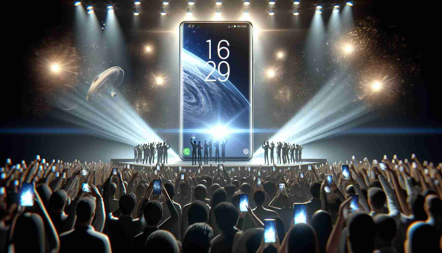 A high-definition, realistic image showcasing the launch of a futuristic, sixteenth-generation smartphone. The event radiates excitement and innovation, portraying the device's sleek design and advanced features. In particular, the main focus is on its impressive user experience capabilities, groundbreaking technology, and other standout attributes that carry the potential to revolutionize the way we use devices in our daily lives.