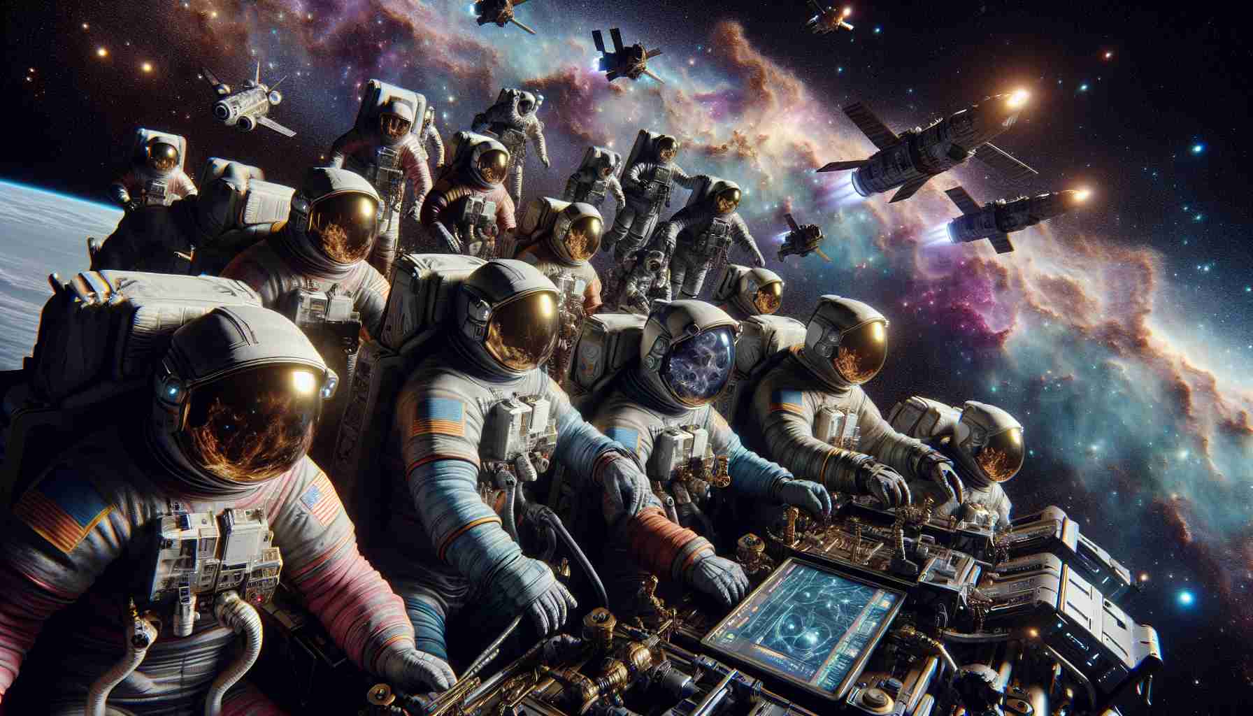 Realistic, high-definition imagery capturing a group of intrepid explorers venturing into the expanse of outer space. The scene includes individual astronauts, male and female, of various descents including Caucasian, Black, South Asian, Hispanic, and Middle-Eastern. The explorers are depicted reaching uncharted areas of the cosmos, symbolized by nebulae and celestial bodies never seen before. There's a palpable sense of discovery and awe as they navigate their spacecraft through the twinkling stars and vibrant galaxies. The image also includes intricate detail of the space gear and equipment, showing the complexity and functionality of their suits and the technology they use.