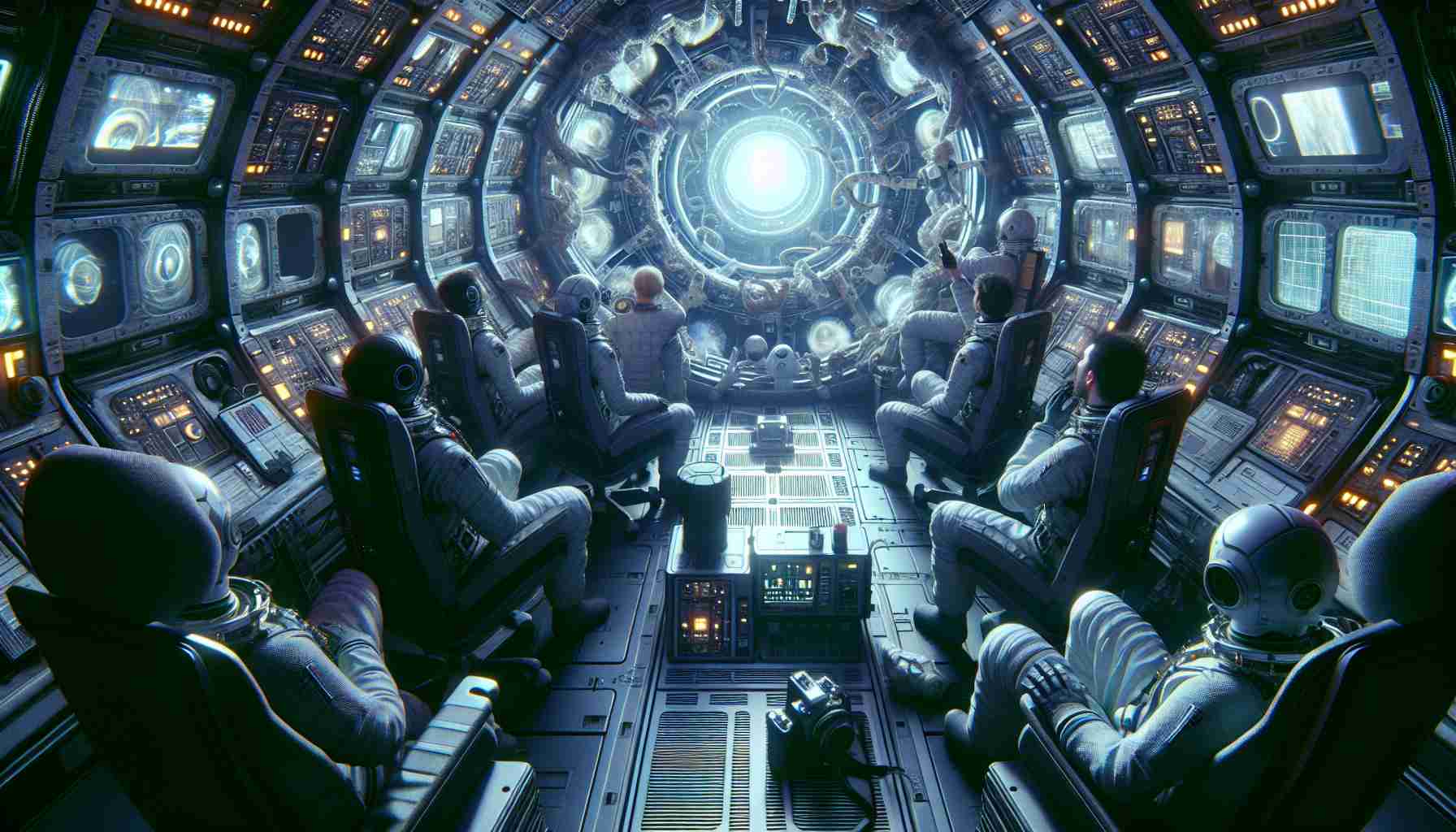 Generate a high-definition, realistic photograph of a mysterious scenario engulfed in an enigma. The main focus is a spacecraft where astronauts of various descents and genders are puzzled by peculiar sounds. Render the interior of the spacecraft packed with advanced technology, the astronauts' faces marked with intrigue, suspense, and mystification. Try to transpire the eerie silence of space around them, interspersed with the occasional unexplainable sound that they're trying to pinpoint.